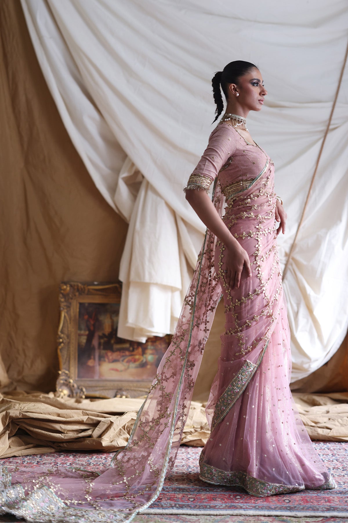 Pakistani Dusty Pink Zardozi Korean Silk & Net Saree (3-Piece) - Image 2