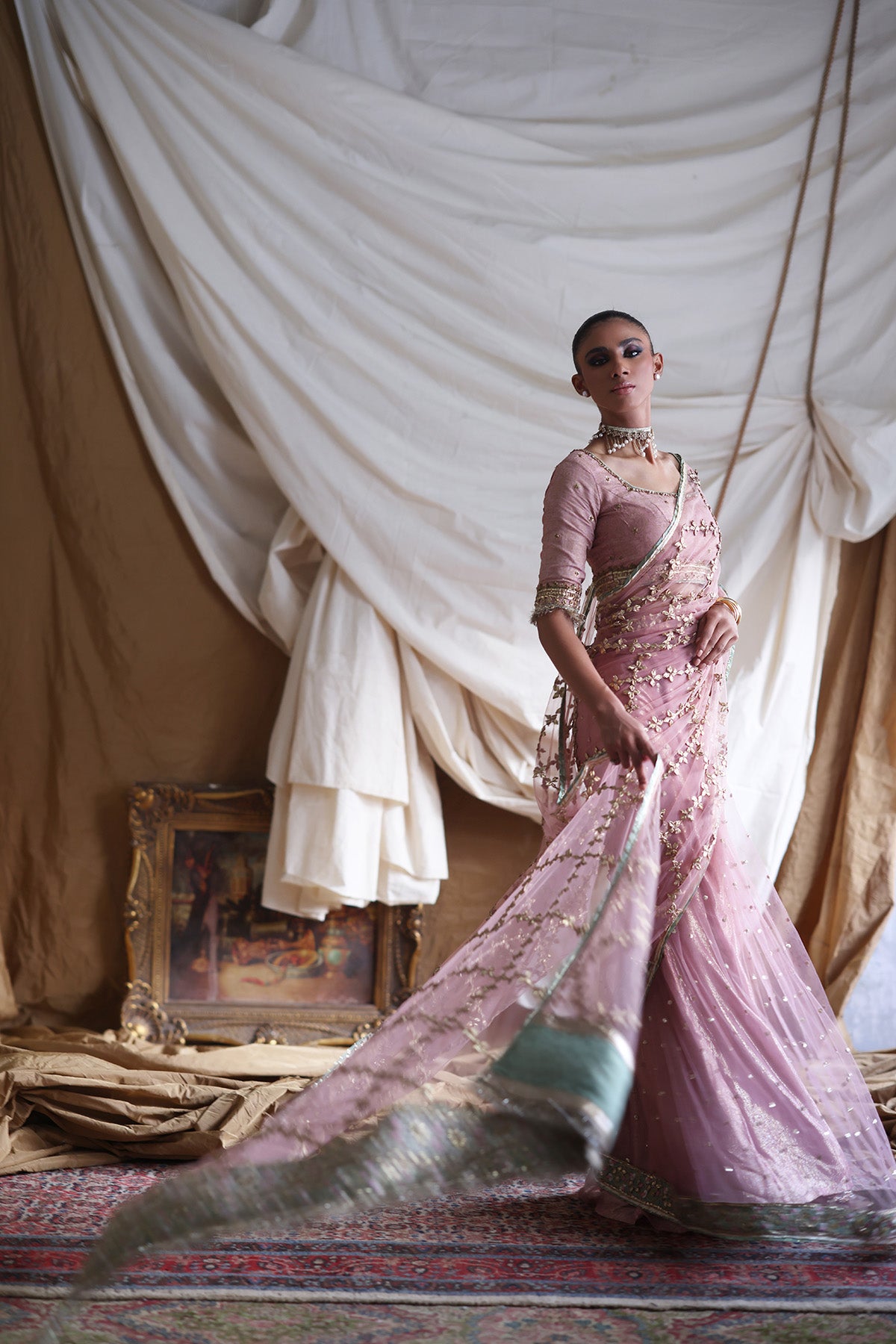 Pakistani Dusty Pink Zardozi Korean Silk & Net Saree (3-Piece) - Image 3