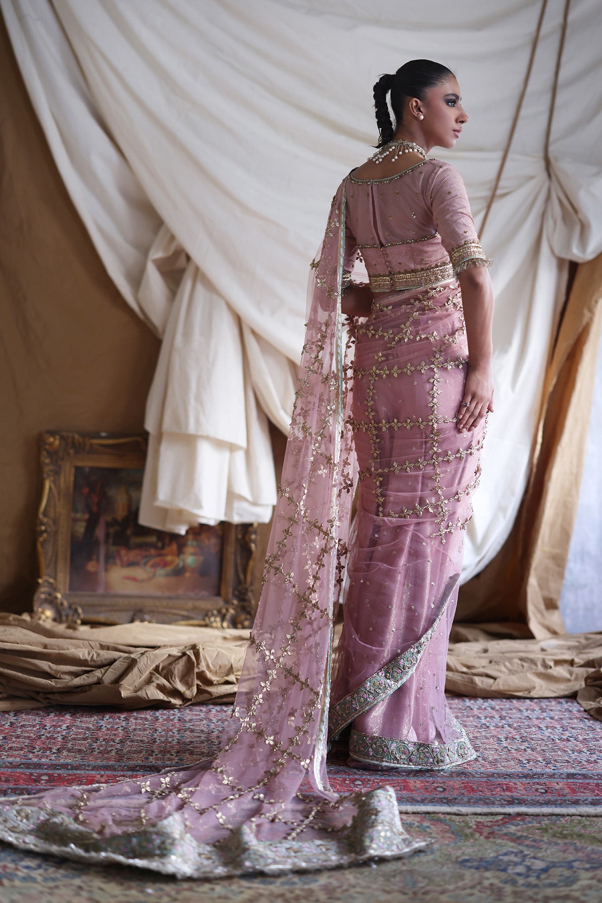Pakistani Dusty Pink Zardozi Korean Silk & Net Saree (3-Piece) - Image 4