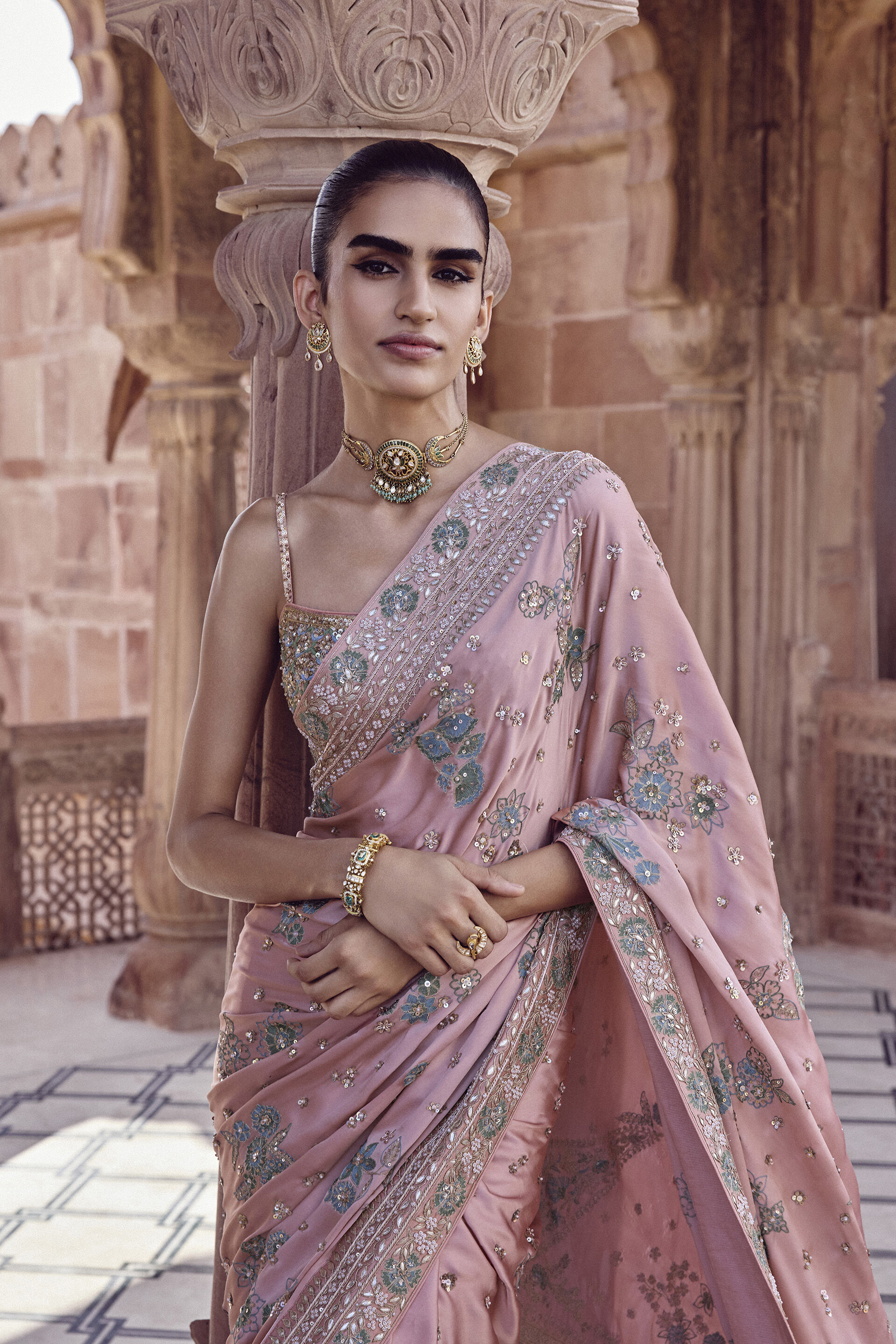 Indian Blush Gota Patti Lyocell Saree with Zardozi (2-Piece) - Image 3