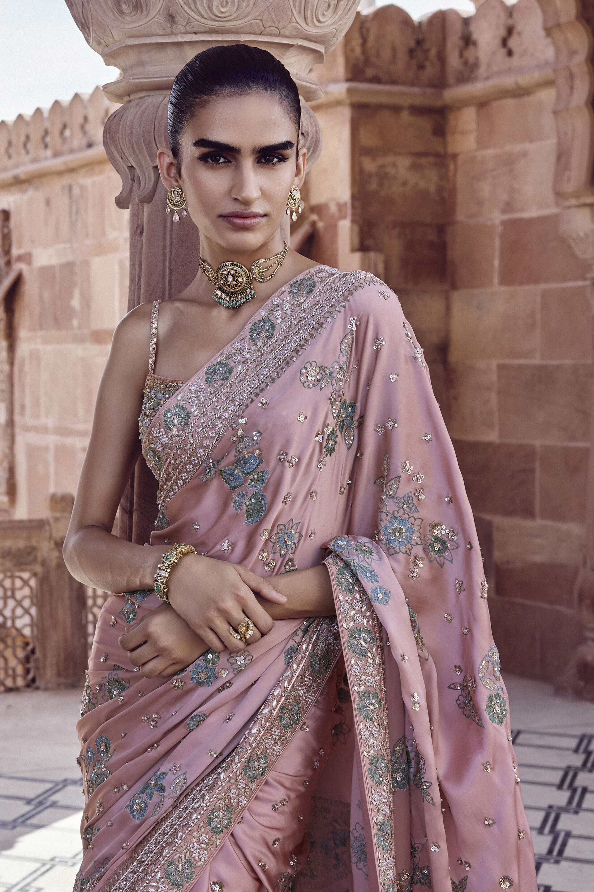Indian Blush Gota Patti Lyocell Saree with Zardozi (2-Piece) - Image 4