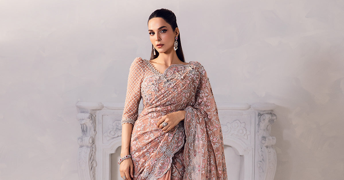 Pakistani Nude Pink 3D Floral Net Saree (3-Piece) - Image 10