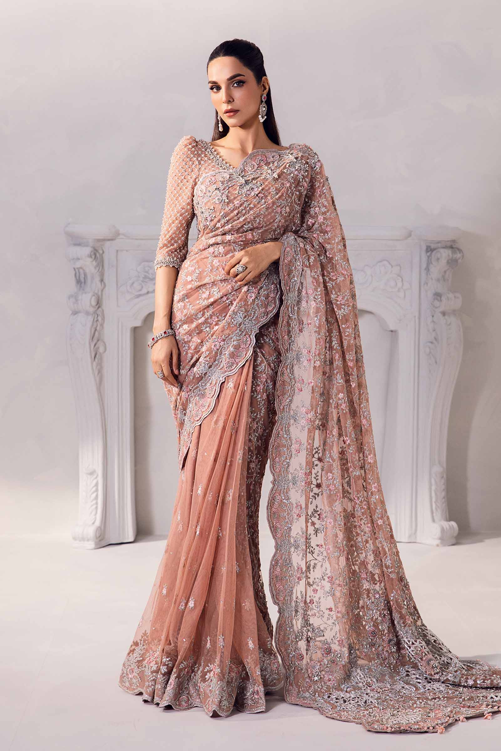 Pakistani Nude Pink 3D Floral Net Saree (3-Piece) - Image 2