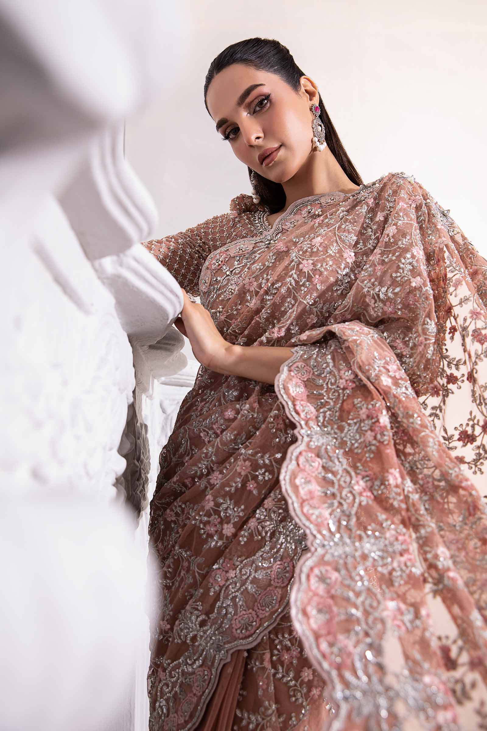 Pakistani Nude Pink 3D Floral Net Saree (3-Piece) - Image 4