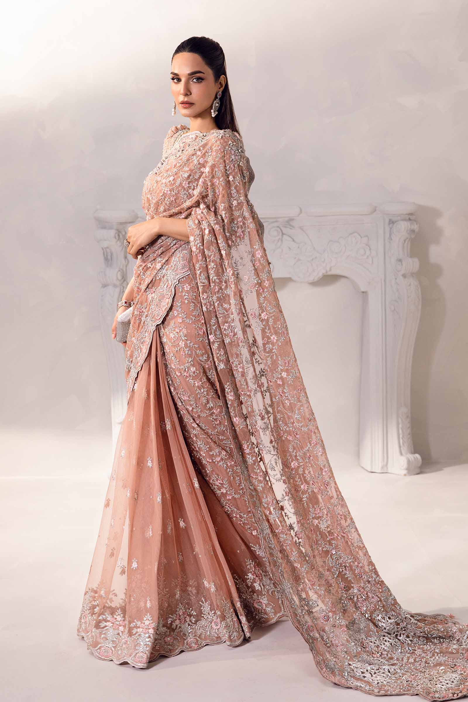 Pakistani Nude Pink 3D Floral Net Saree (3-Piece) - Image 5