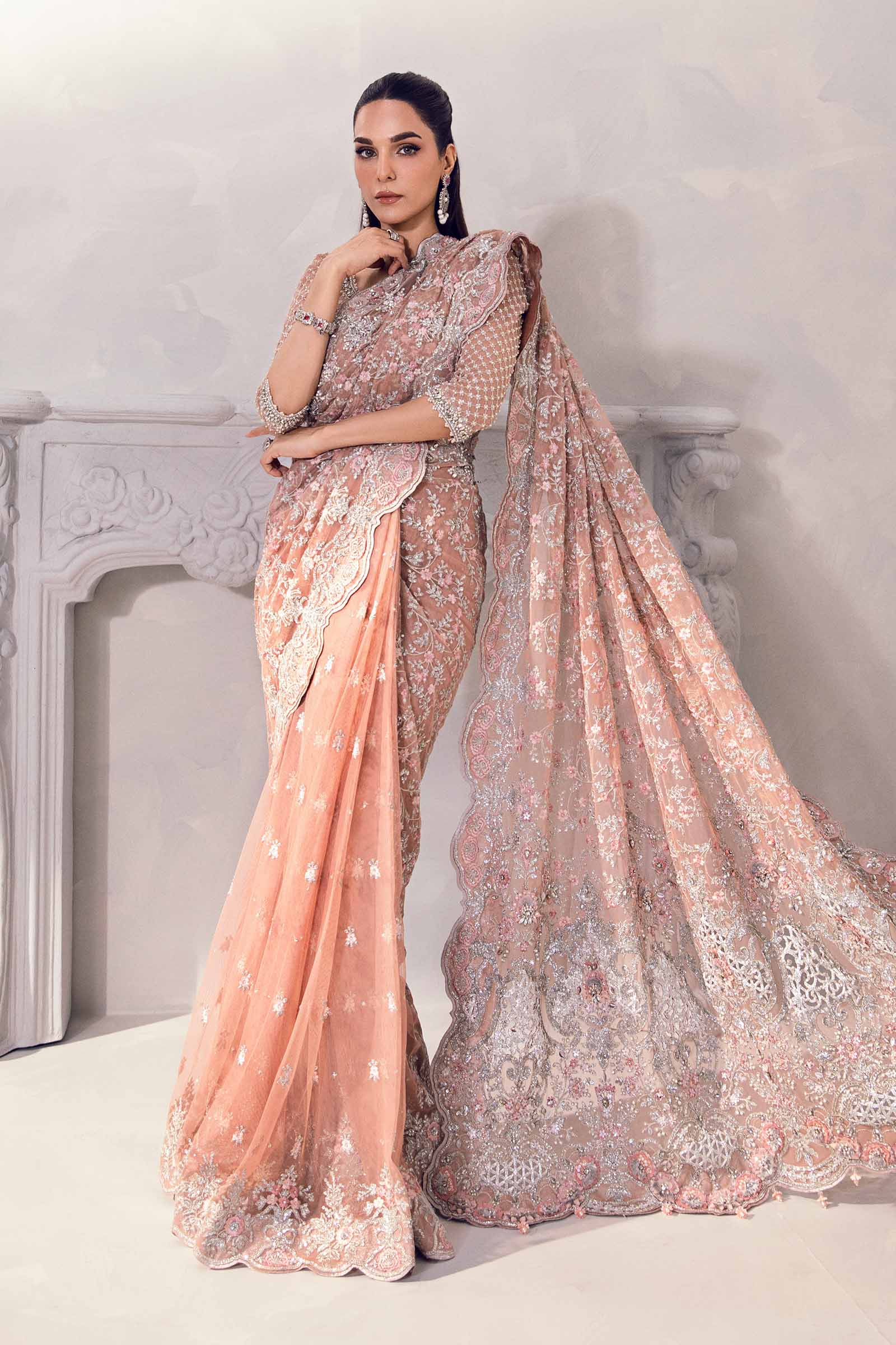 Pakistani Nude Pink 3D Floral Net Saree (3-Piece) - Image 6