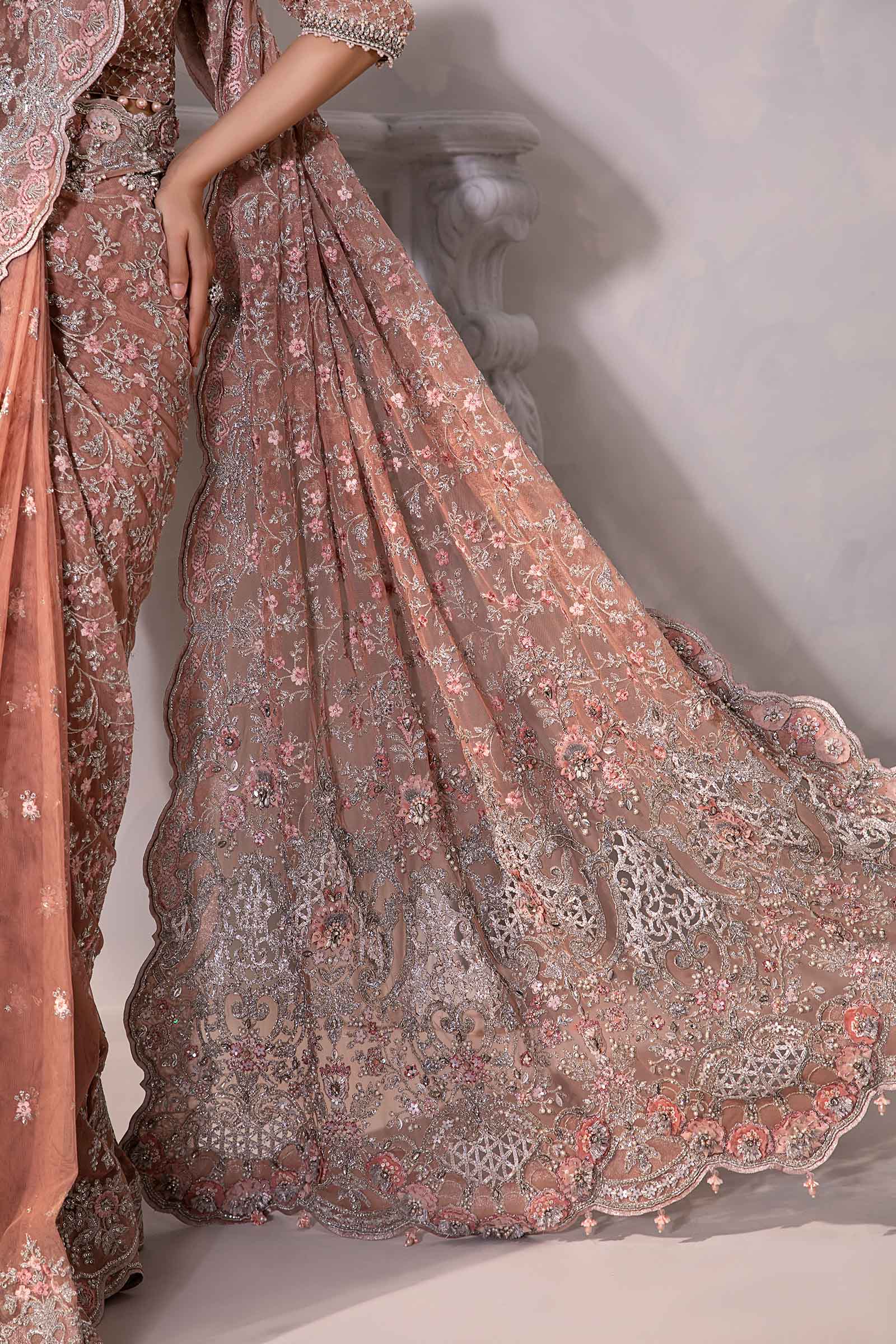 Pakistani Nude Pink 3D Floral Net Saree (3-Piece) - Image 7