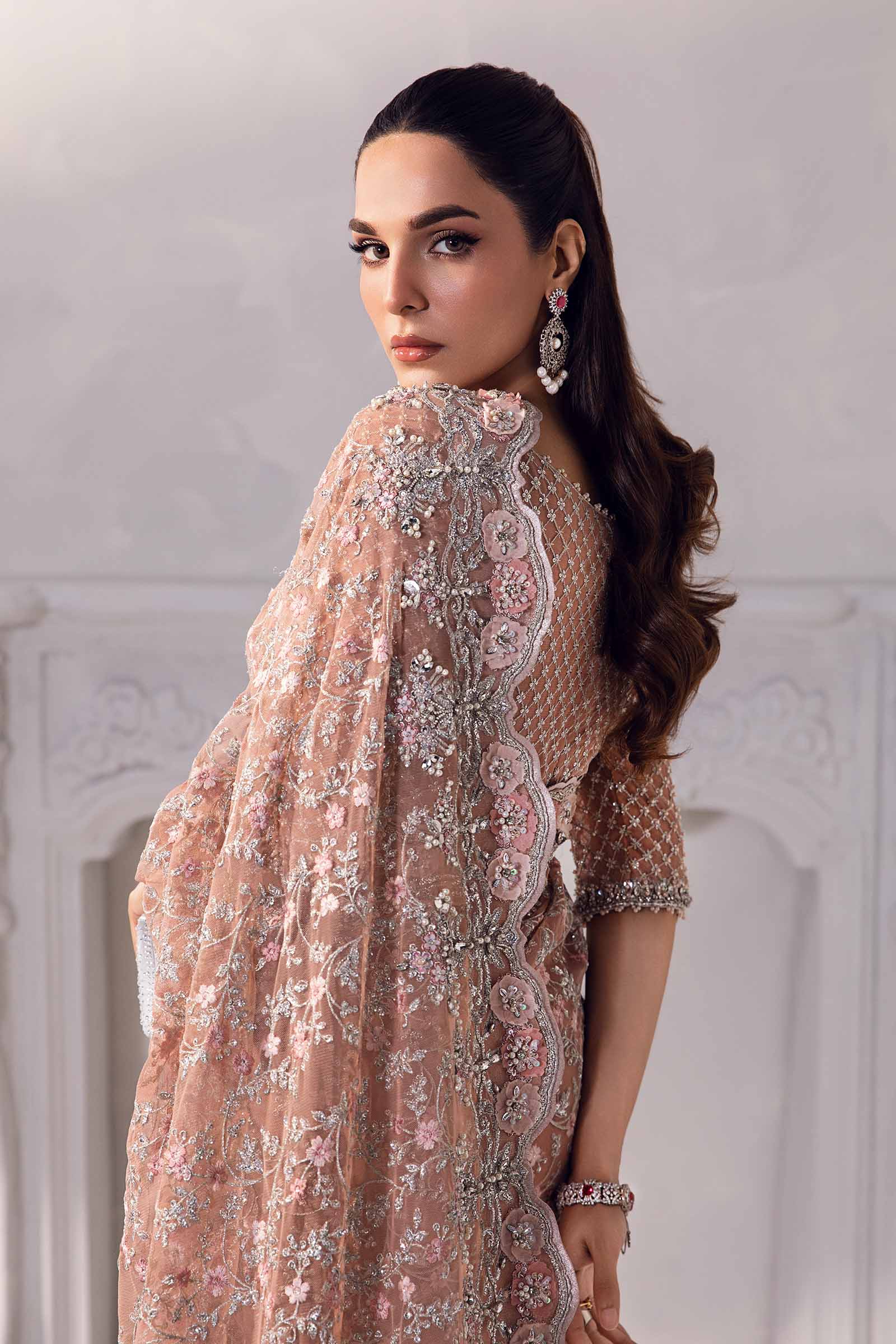 Pakistani Nude Pink 3D Floral Net Saree (3-Piece) - Image 8