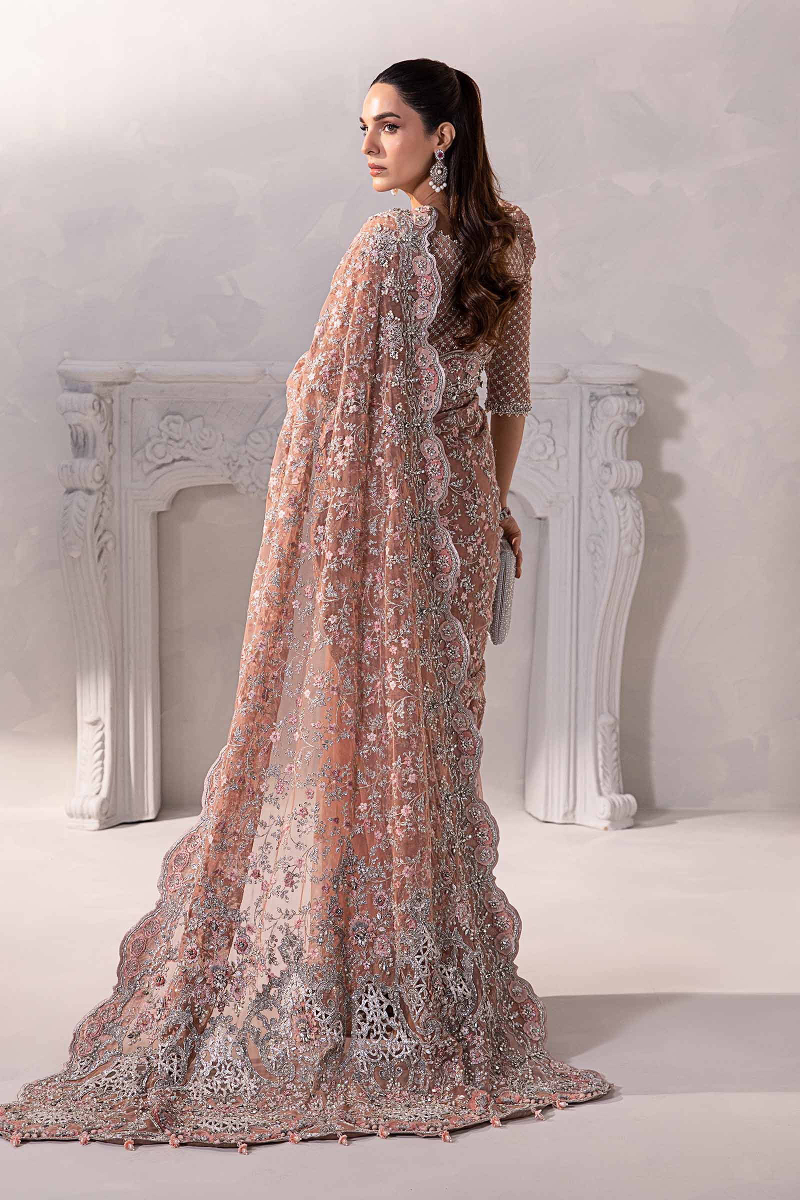 Pakistani Nude Pink 3D Floral Net Saree (3-Piece) - Image 9