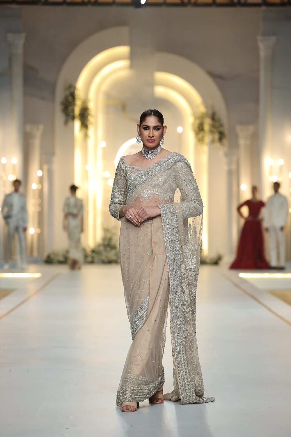 Pakistani Peach Hand-Embellished Net Saree (2-Piece) - Image 1