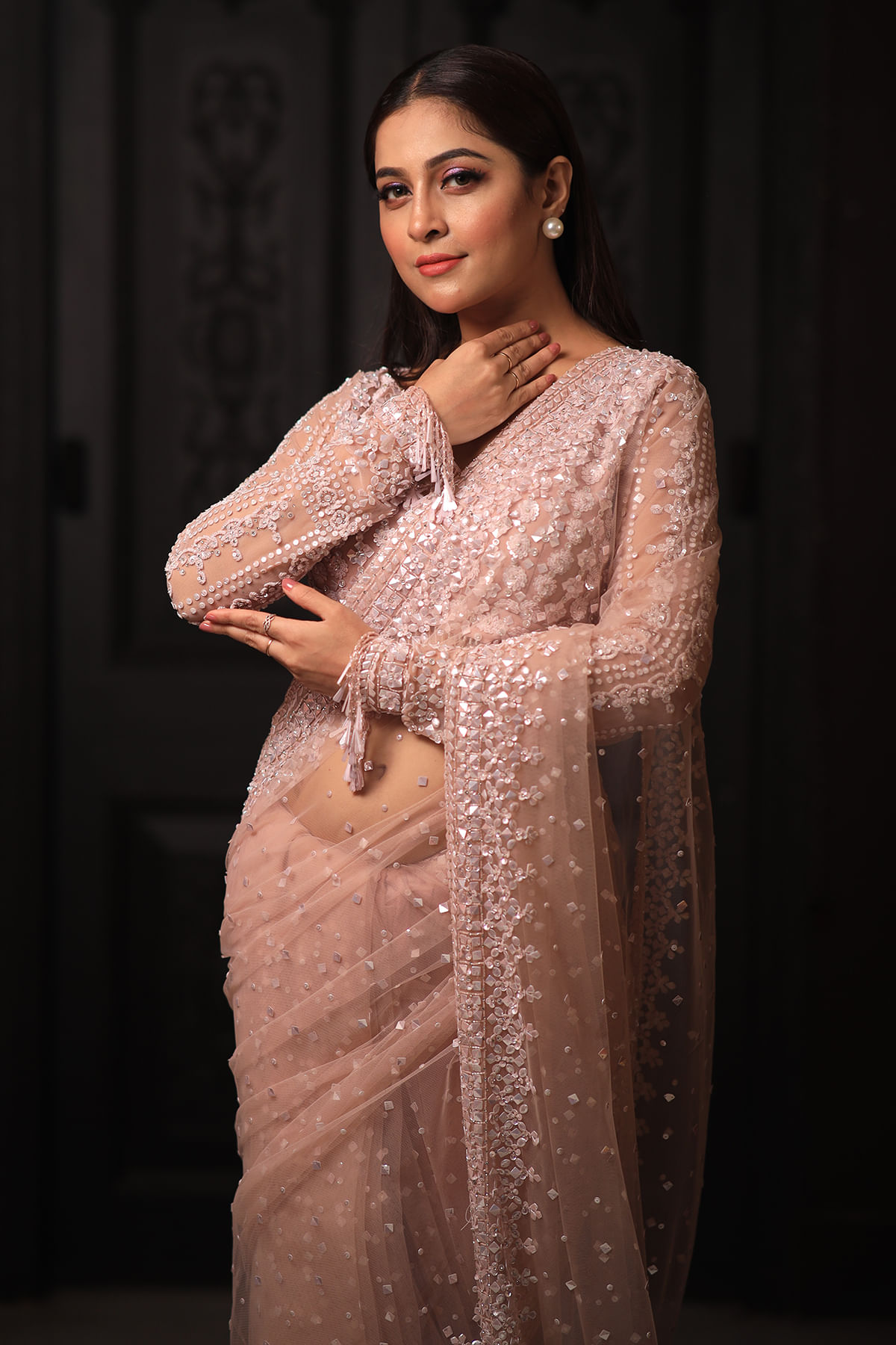 Baby Pink Sequins & Cutdana Net Saree (2-Piece) - Image 2