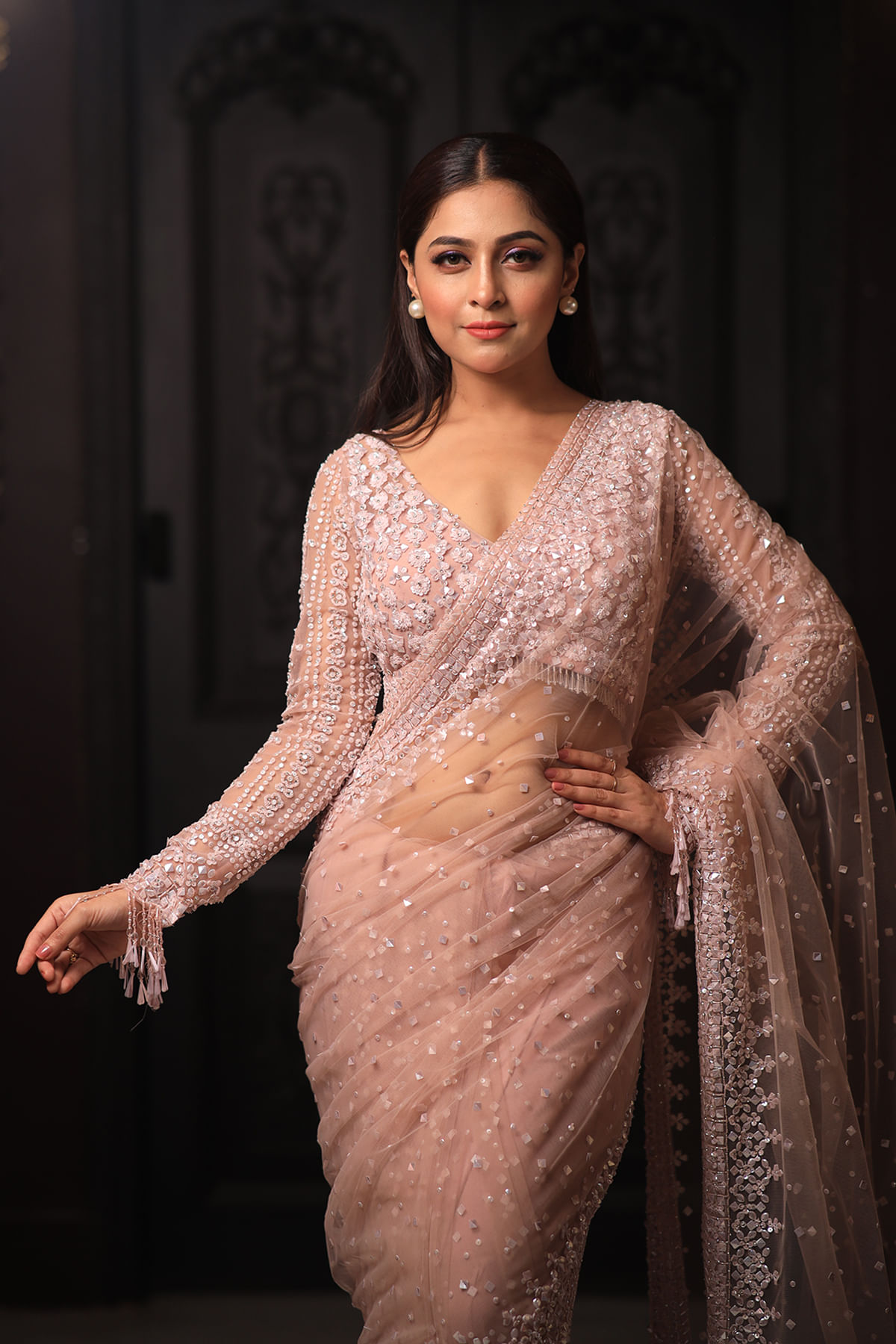 Baby Pink Sequins & Cutdana Net Saree (2-Piece) - Image 6