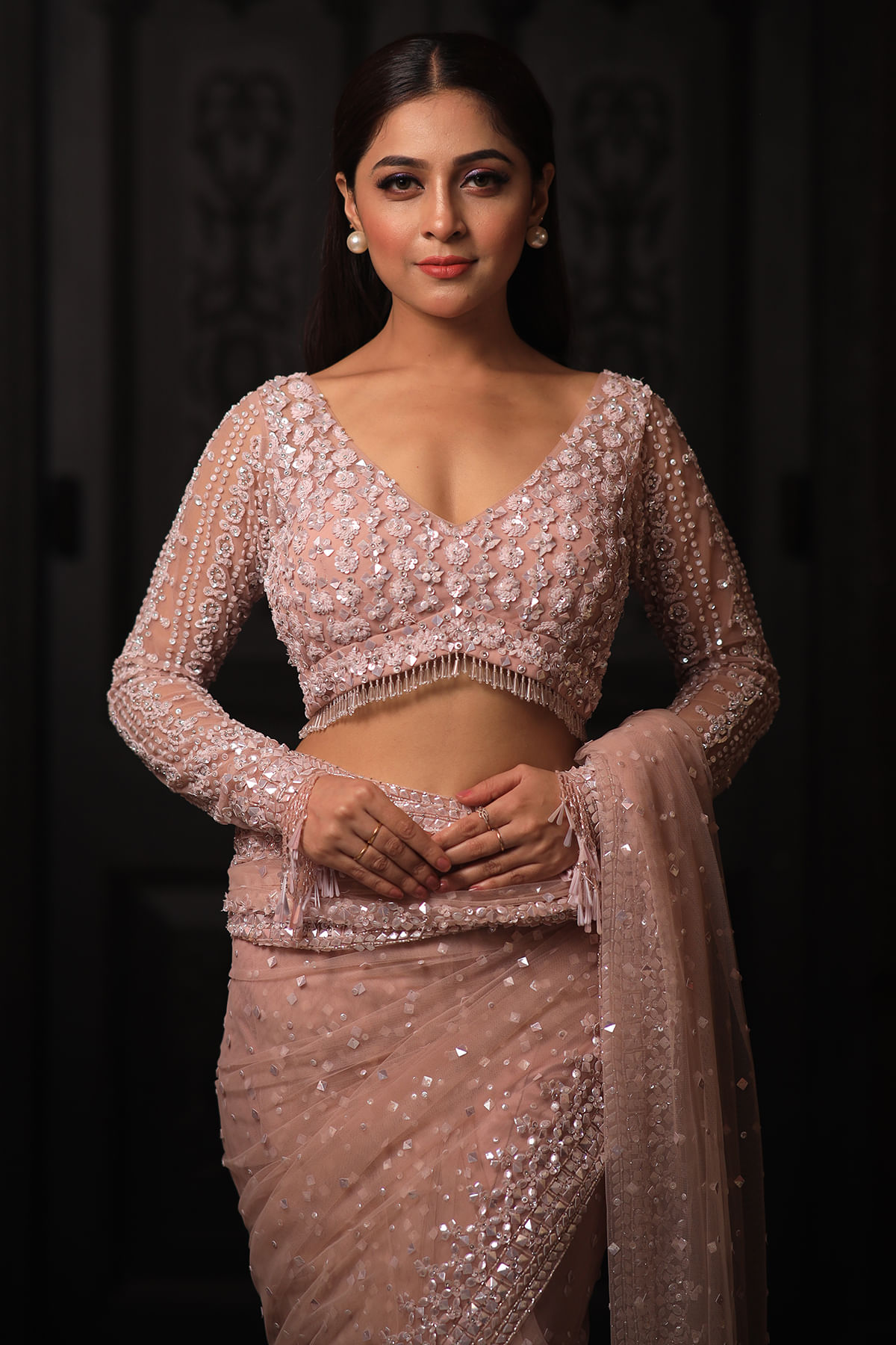 Baby Pink Sequins & Cutdana Net Saree (2-Piece) - Image 8
