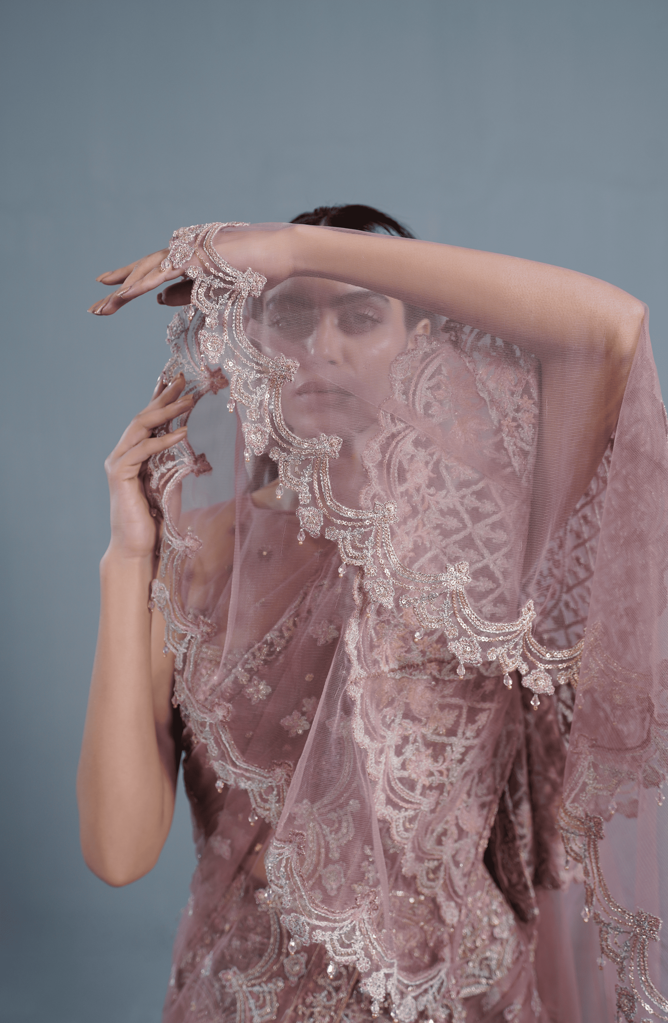 Dusty Rose Embroidered Net Saree (2-Piece) - Image 2