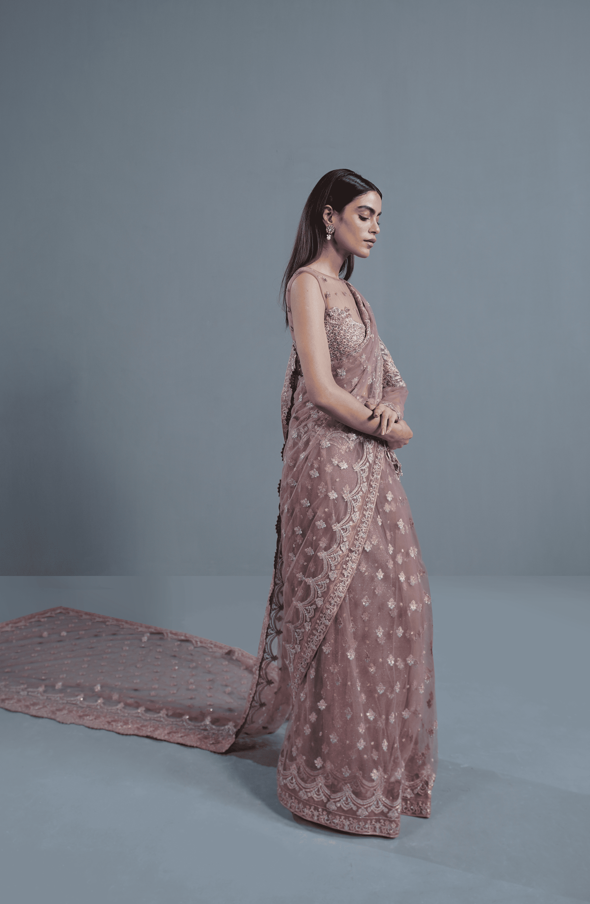 Dusty Rose Embroidered Net Saree (2-Piece) - Image 3
