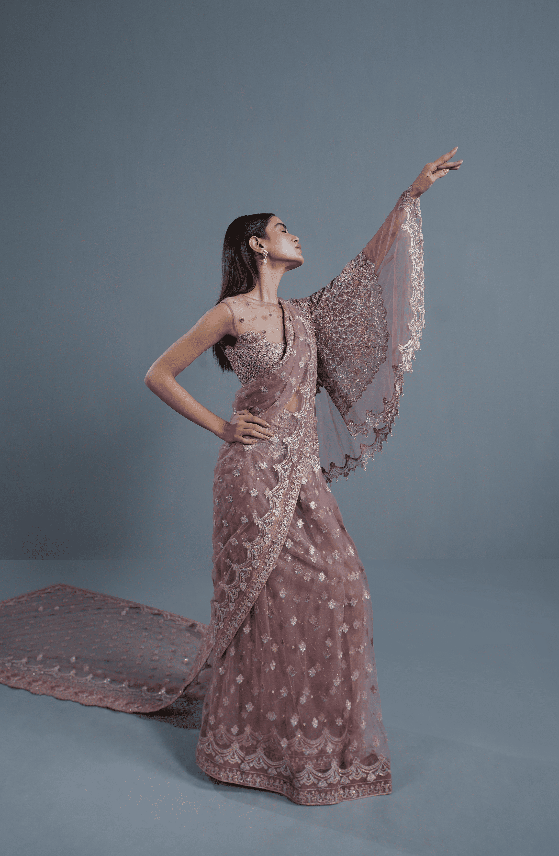 Dusty Rose Embroidered Net Saree (2-Piece) - Image 6