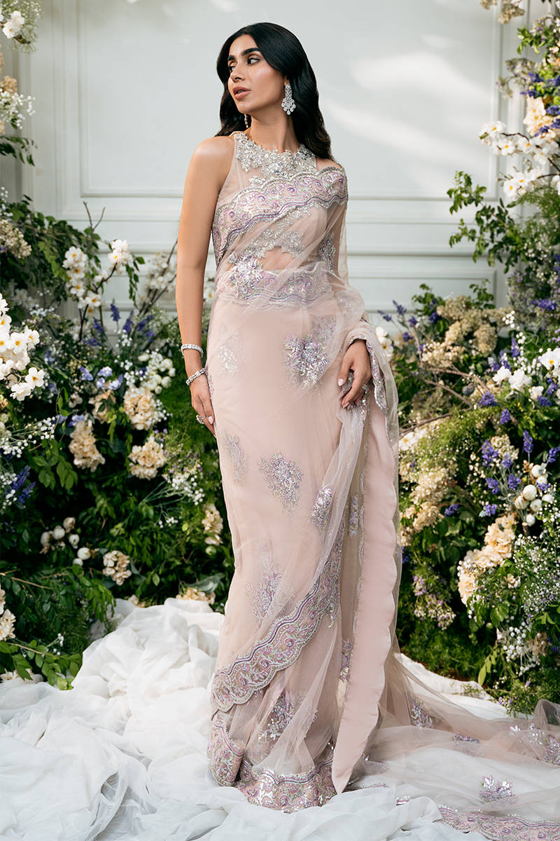 Pakistani Powder Pink Embroidered Net Saree (2-Piece) - Image 1