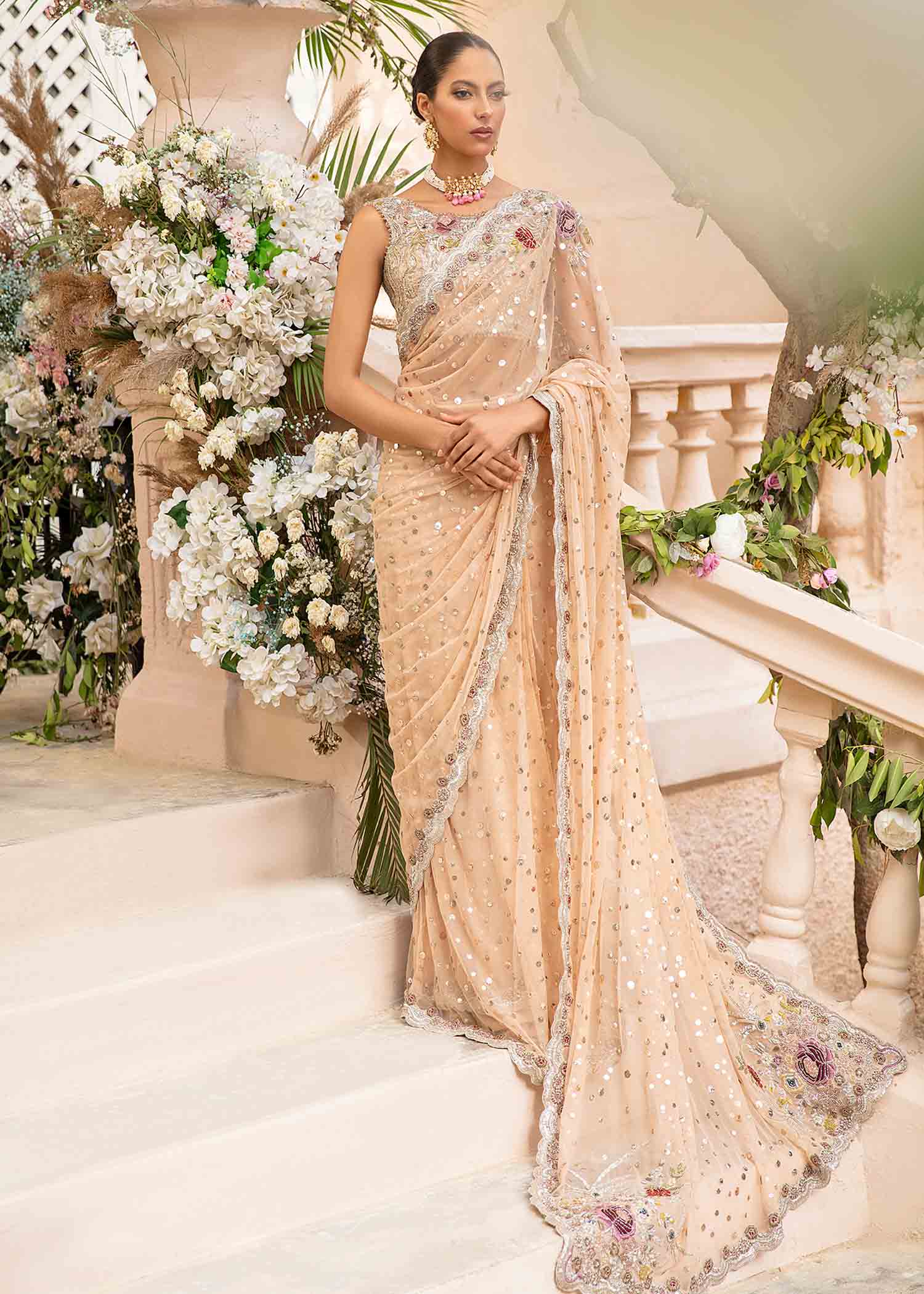 Peach Sequin Floral Embroidered Net Saree (2-Piece) - Image 1