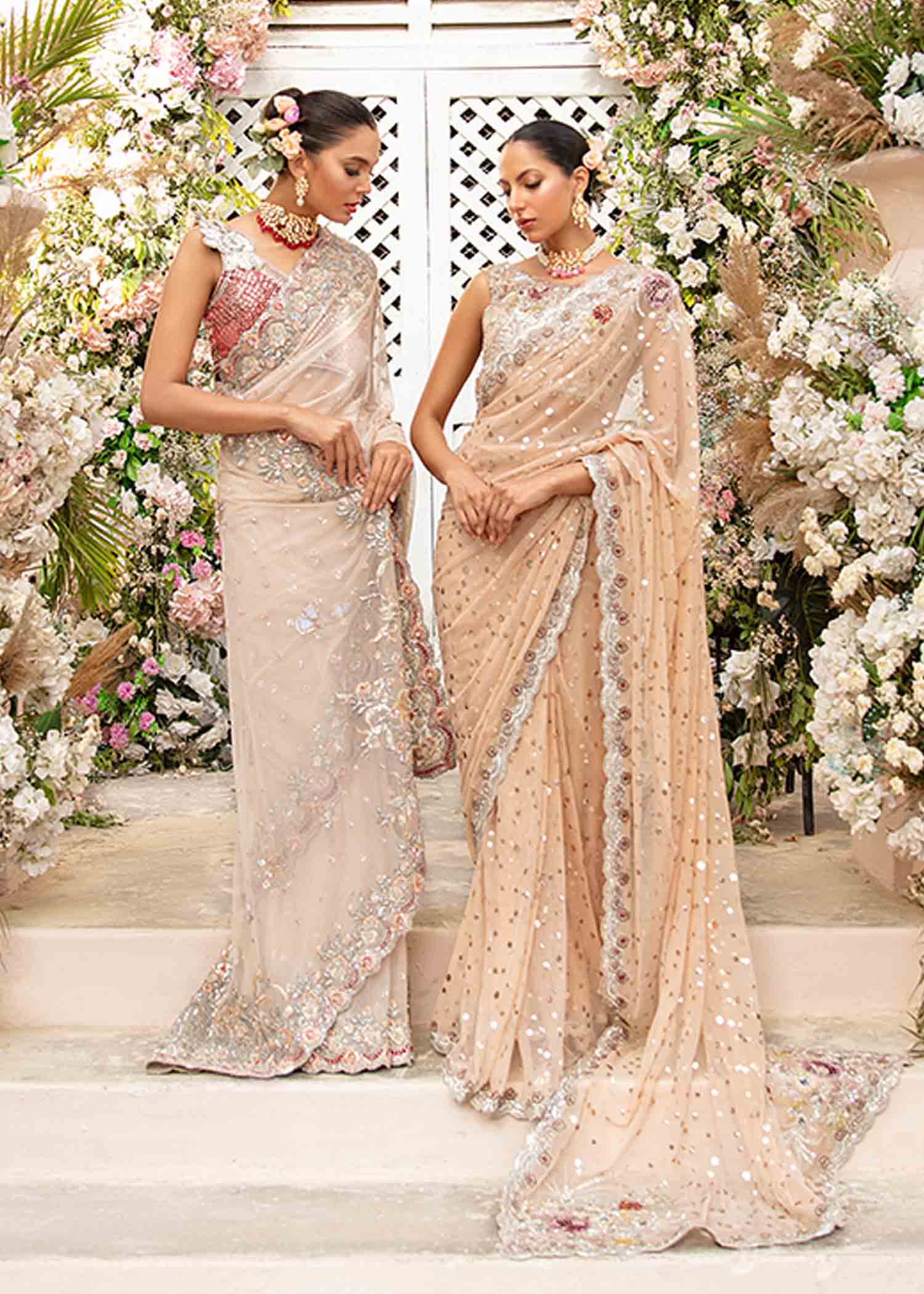 Peach Sequin Floral Embroidered Net Saree (2-Piece) - Image 2