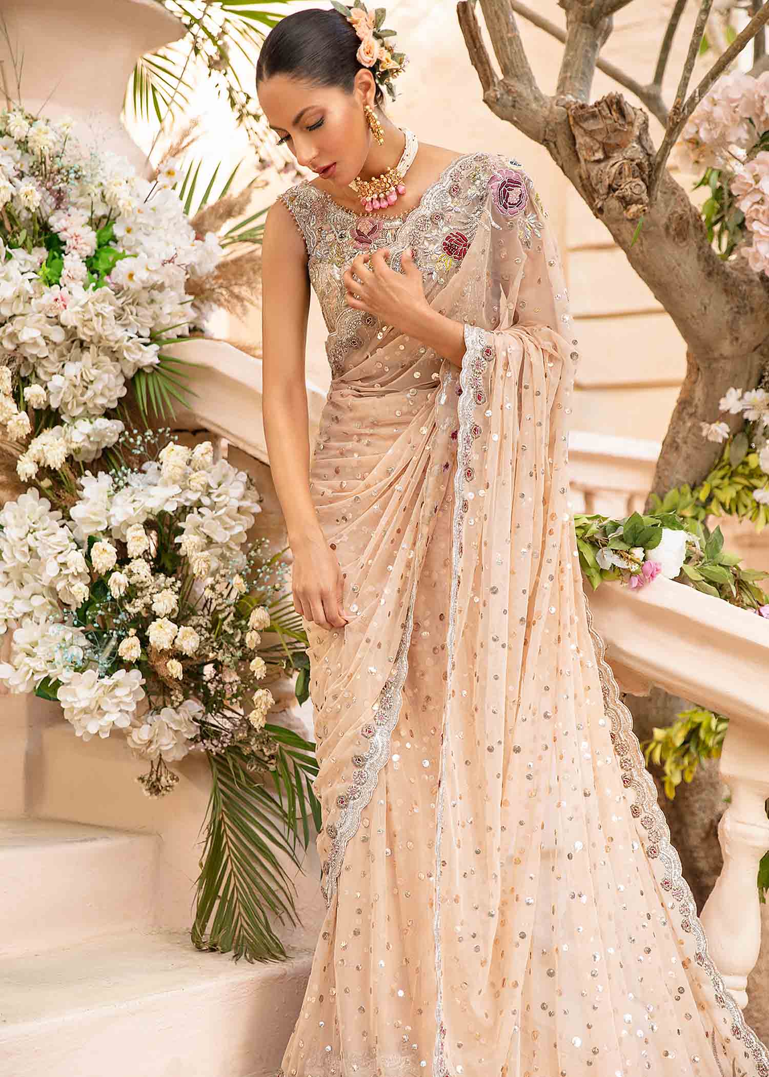 Peach Sequin Floral Embroidered Net Saree (2-Piece) - Image 3