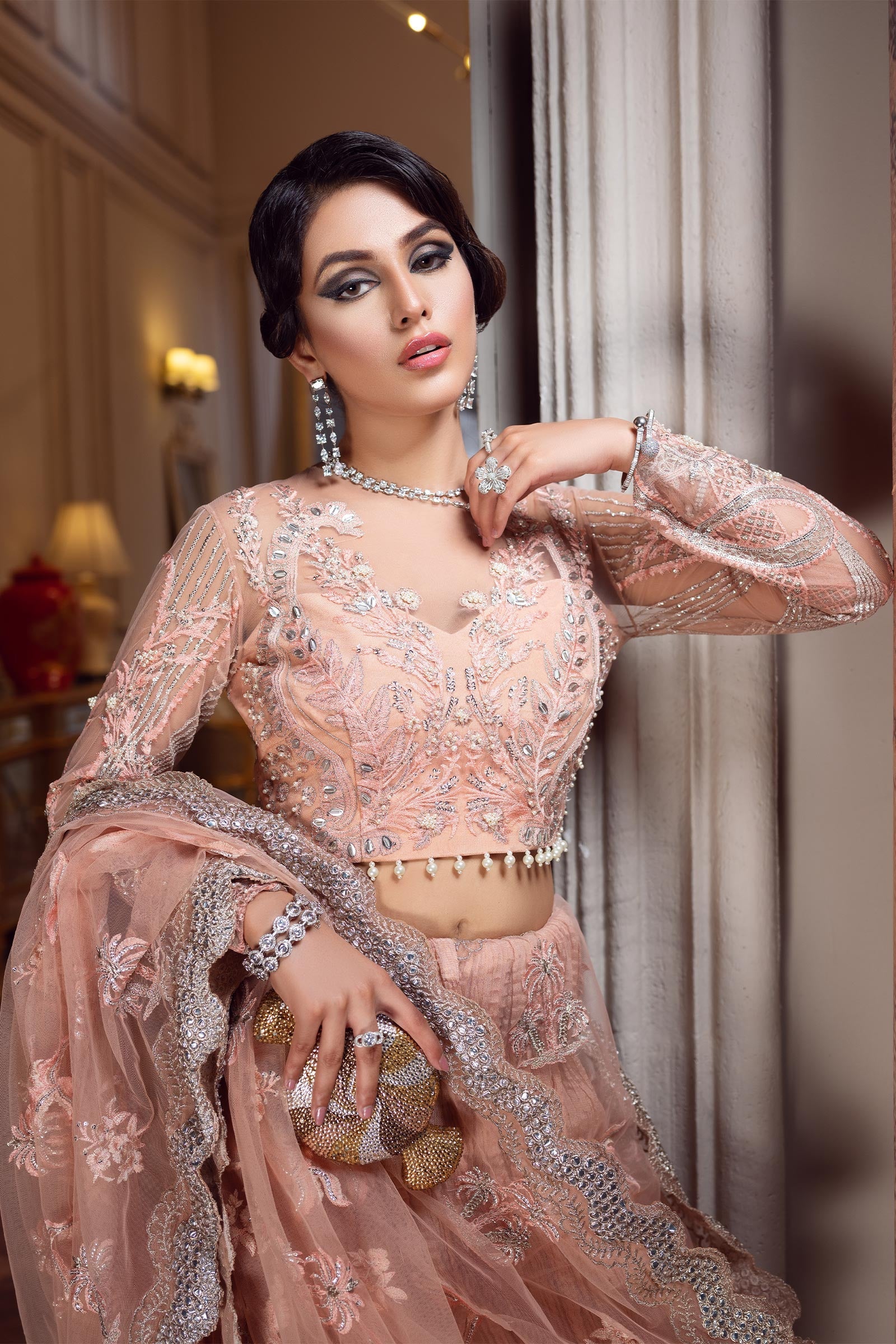Pakistani Powder Pink Embroidered Net Saree (3-Piece) - Image 2