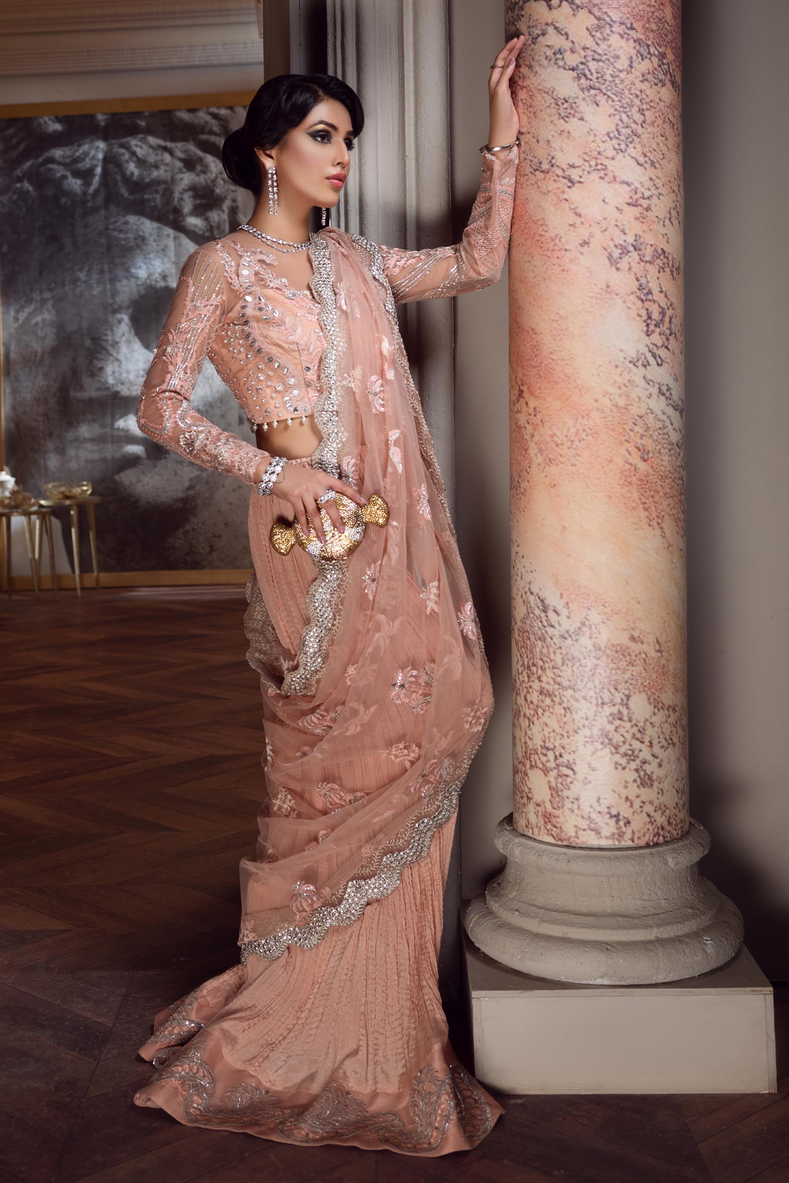 Pakistani Powder Pink Embroidered Net Saree (3-Piece) - Image 3