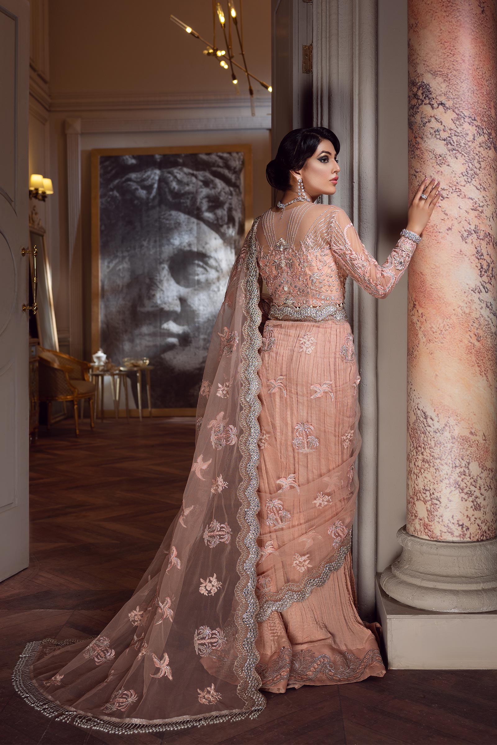 Pakistani Powder Pink Embroidered Net Saree (3-Piece) - Image 4