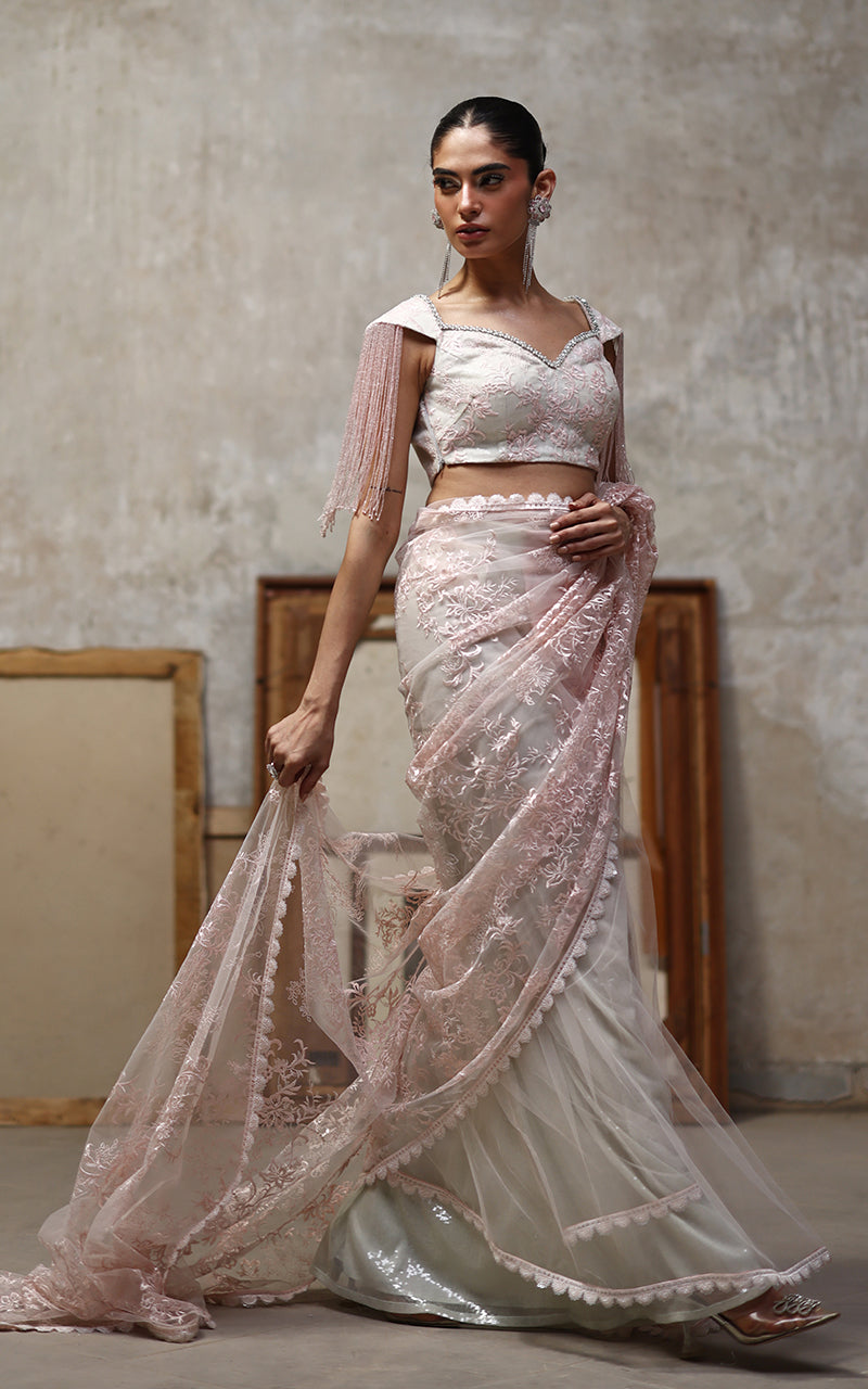 Blush Pink Embroidered Net Saree (2-Piece) - Image 1