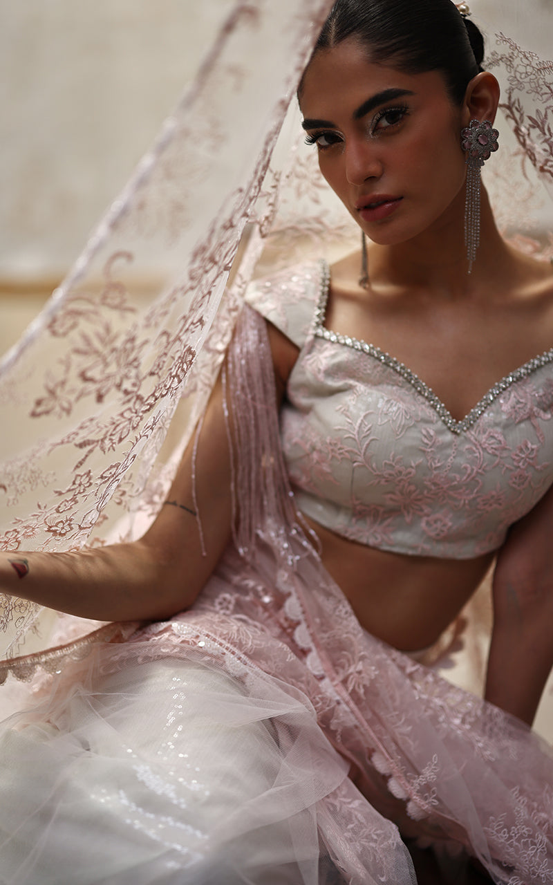 Blush Pink Embroidered Net Saree (2-Piece) - Image 2