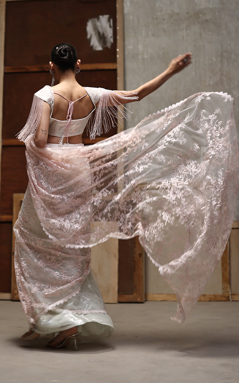 Blush Pink Embroidered Net Saree (2-Piece) - Image 3