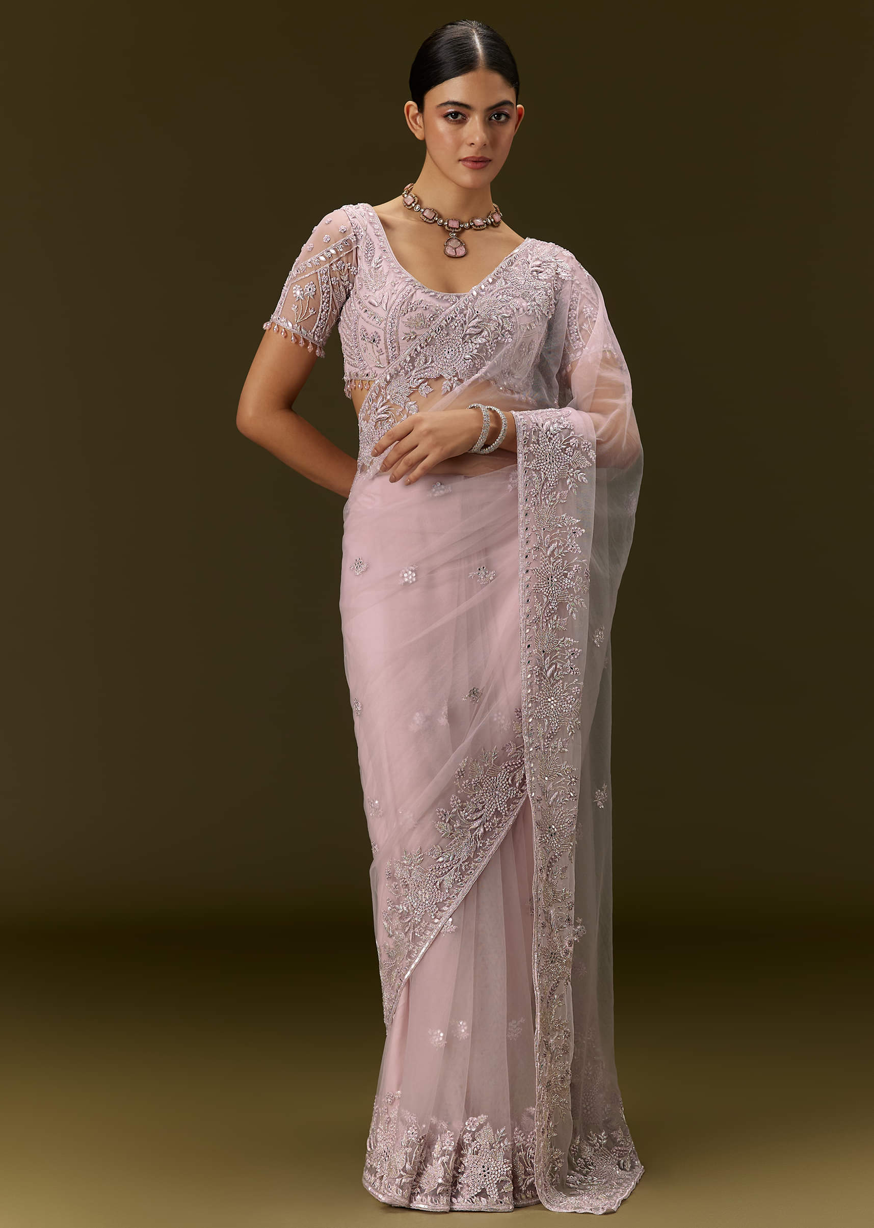Indian Blush Pink Embroidered Net Saree (2-Piece) - Image 2