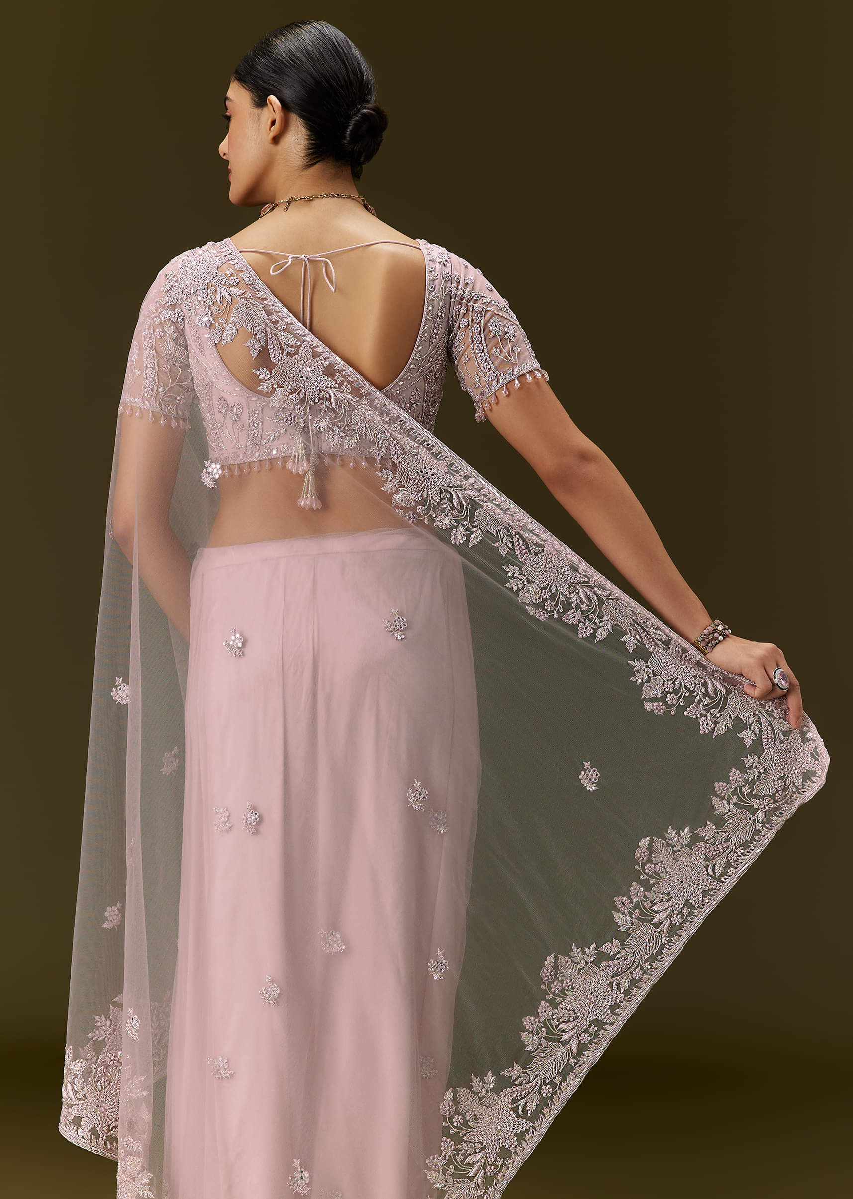 Indian Blush Pink Embroidered Net Saree (2-Piece) - Image 3