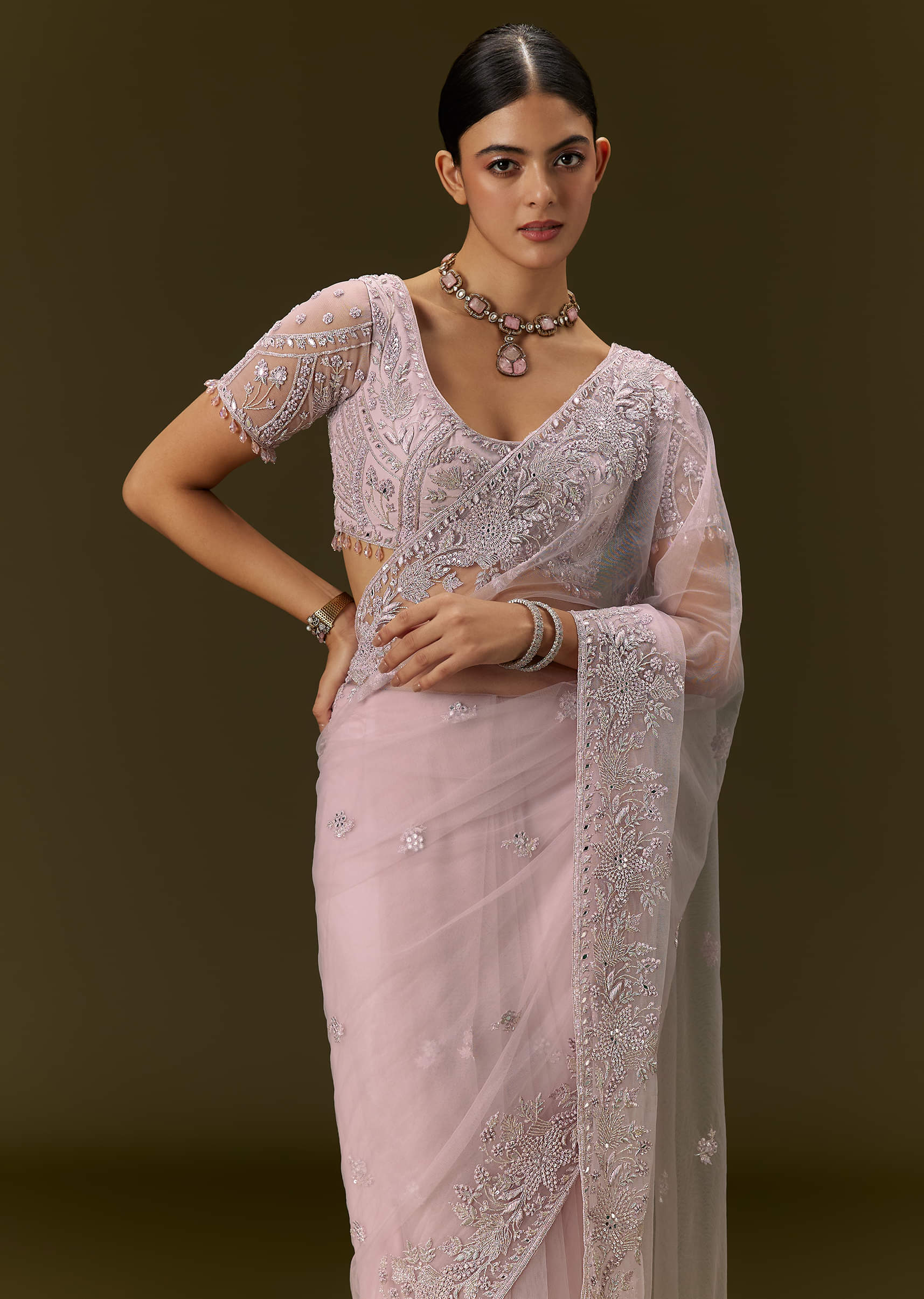 Indian Blush Pink Embroidered Net Saree (2-Piece) - Image 4