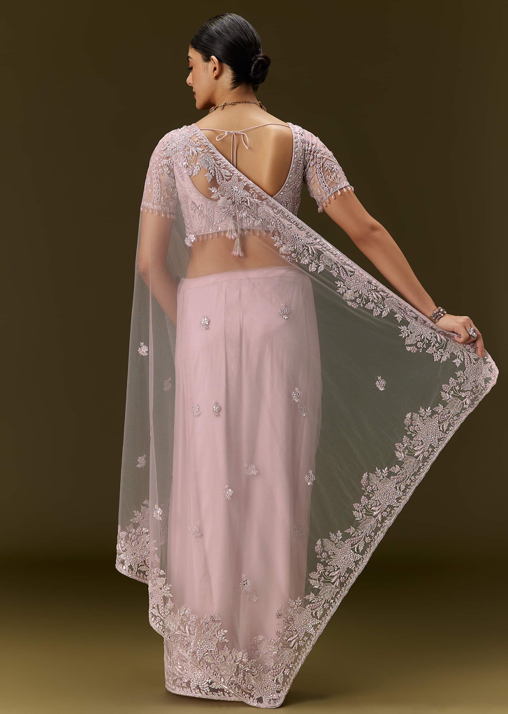 Indian Blush Pink Embroidered Net Saree (2-Piece) - Image 5