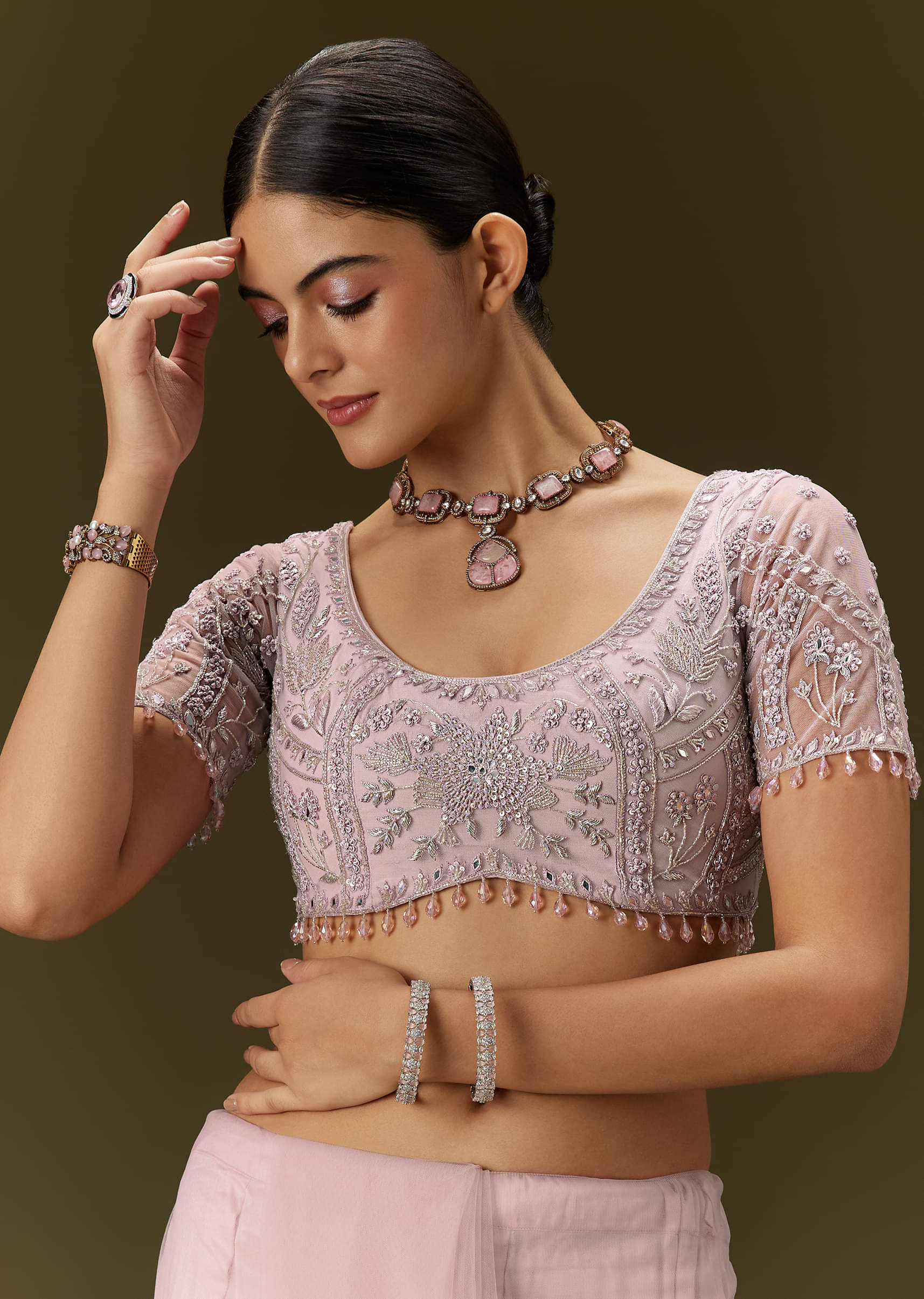 Indian Blush Pink Embroidered Net Saree (2-Piece) - Image 6