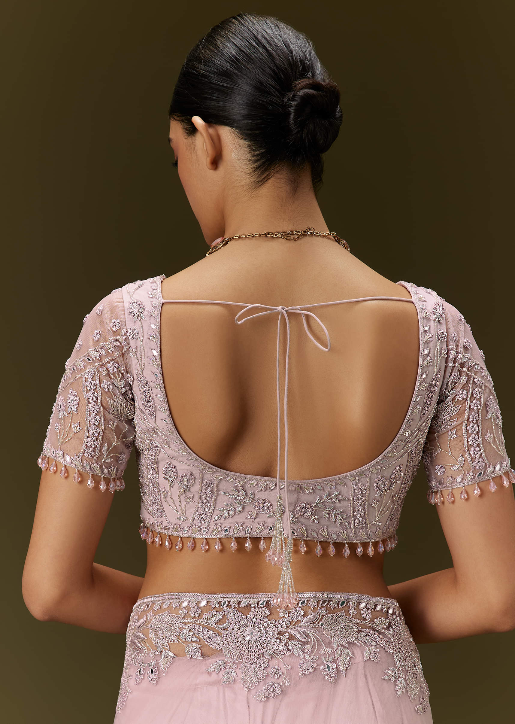 Indian Blush Pink Embroidered Net Saree (2-Piece) - Image 7