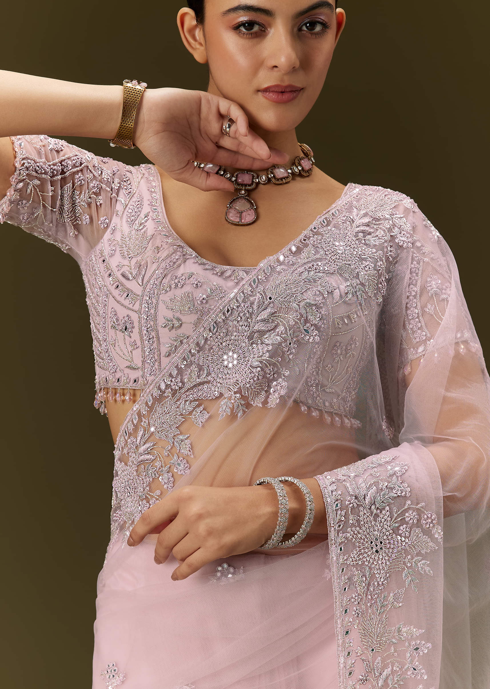 Indian Blush Pink Embroidered Net Saree (2-Piece) - Image 9