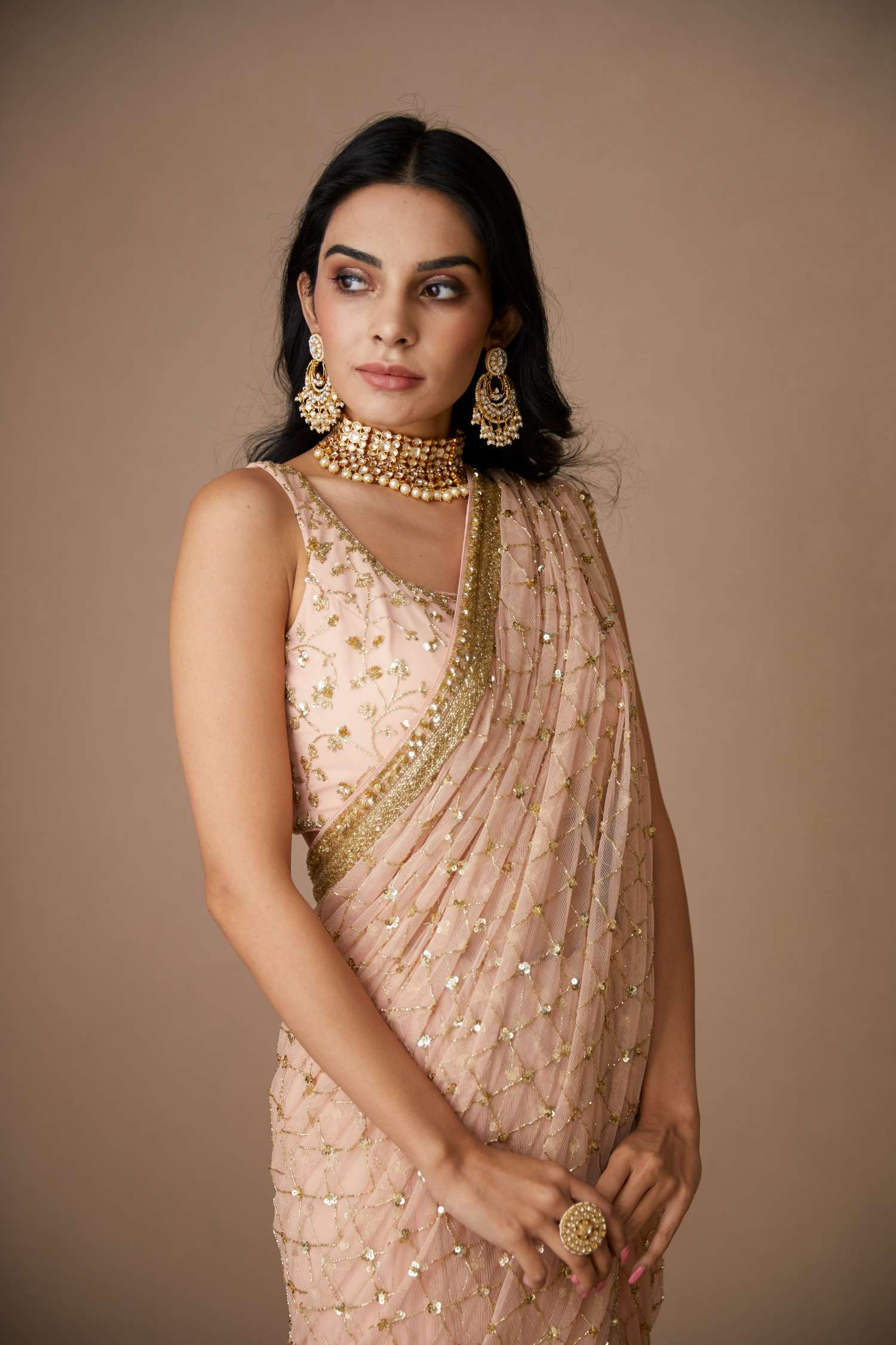 Indian Pink Jaal Cut Work Net Saree Set (2-Piece) - Image 1