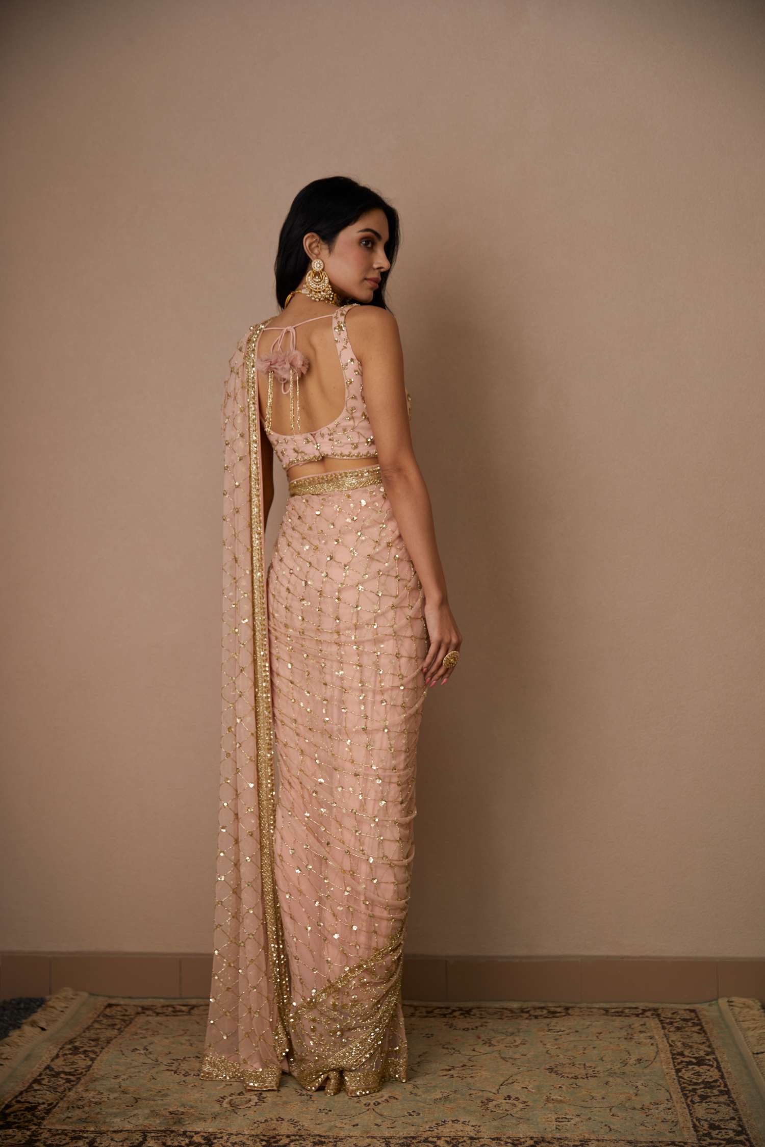 Indian Pink Jaal Cut Work Net Saree Set (2-Piece) - Image 3