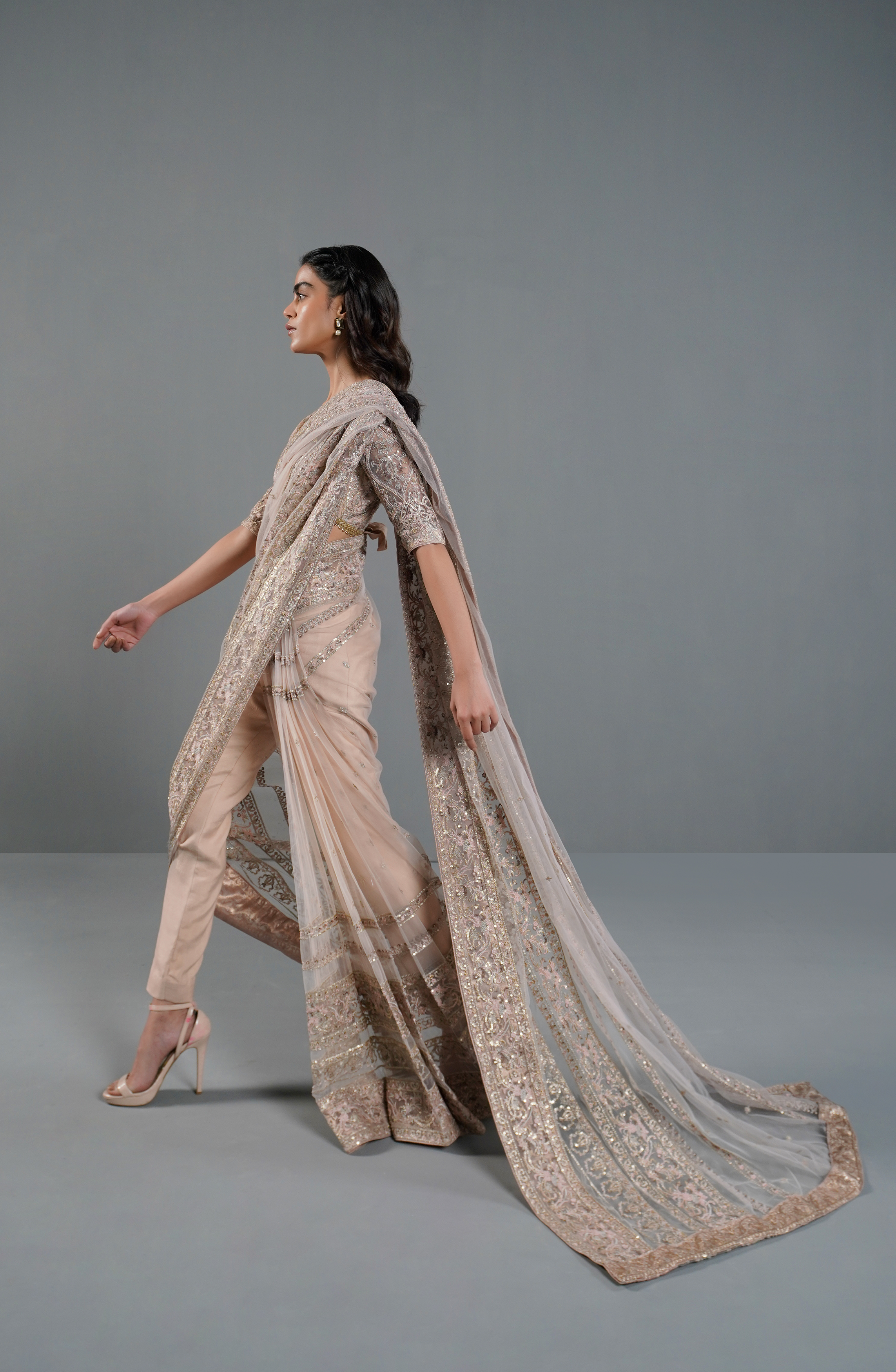 Misty Pink Embroidered Net Pajama Saree (3-Piece) - Image 1