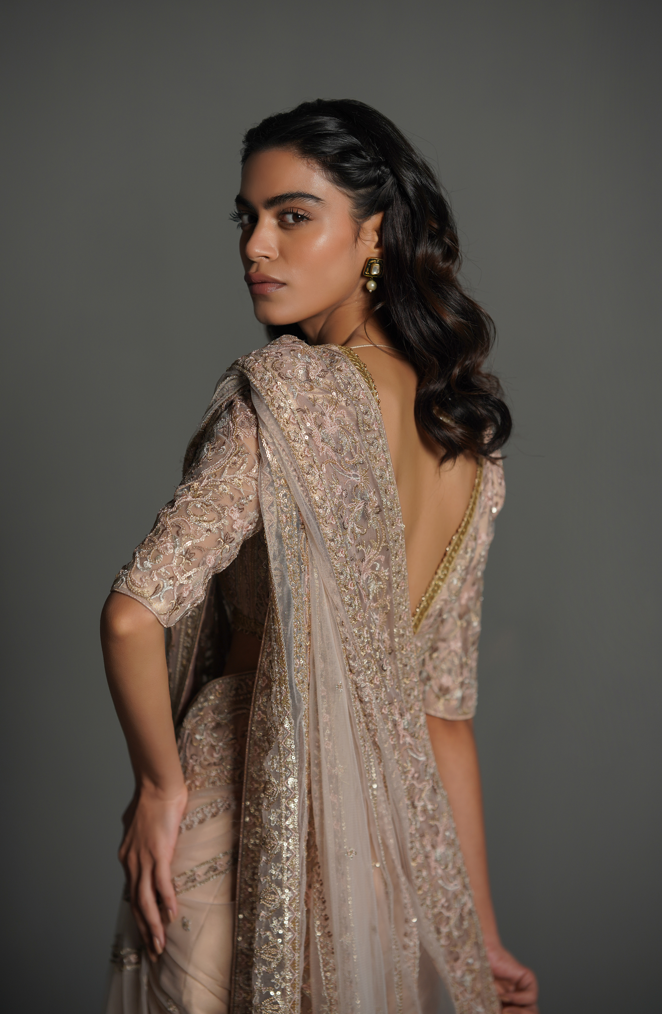 Misty Pink Embroidered Net Pajama Saree (3-Piece) - Image 5