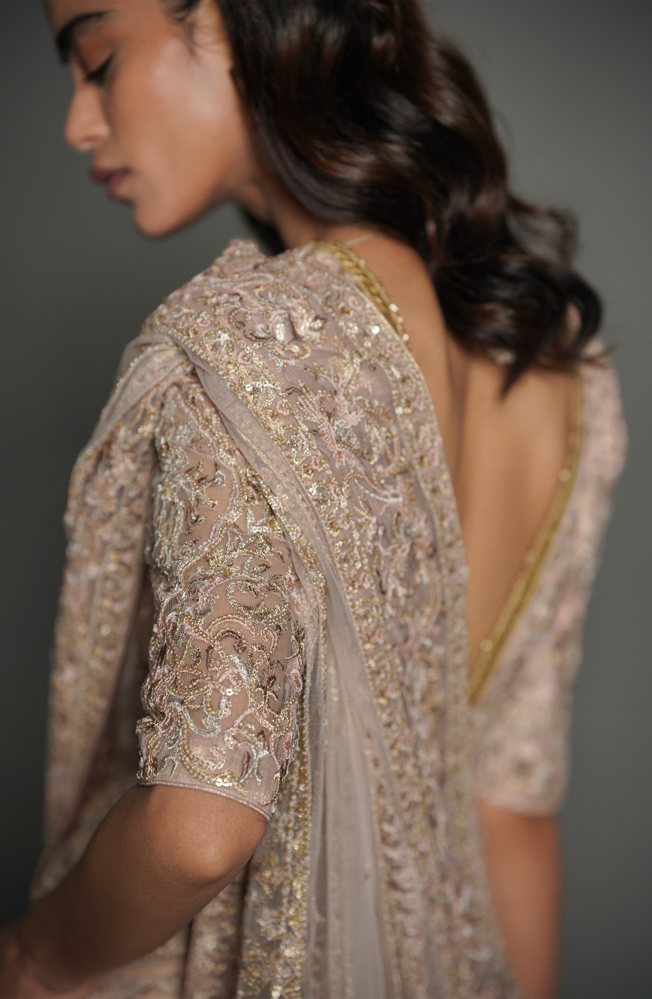 Misty Pink Embroidered Net Pajama Saree (3-Piece) - Image 6