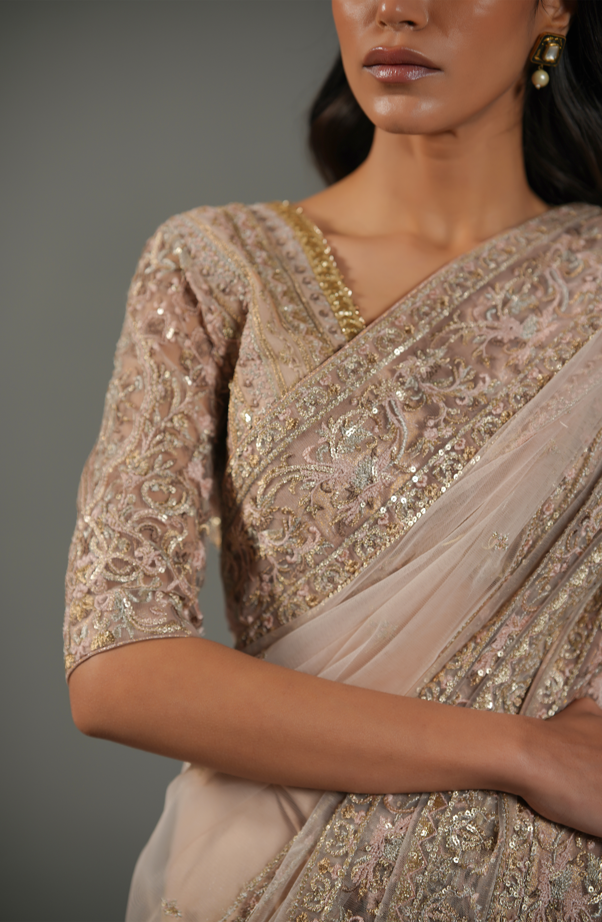 Misty Pink Embroidered Net Pajama Saree (3-Piece) - Image 7