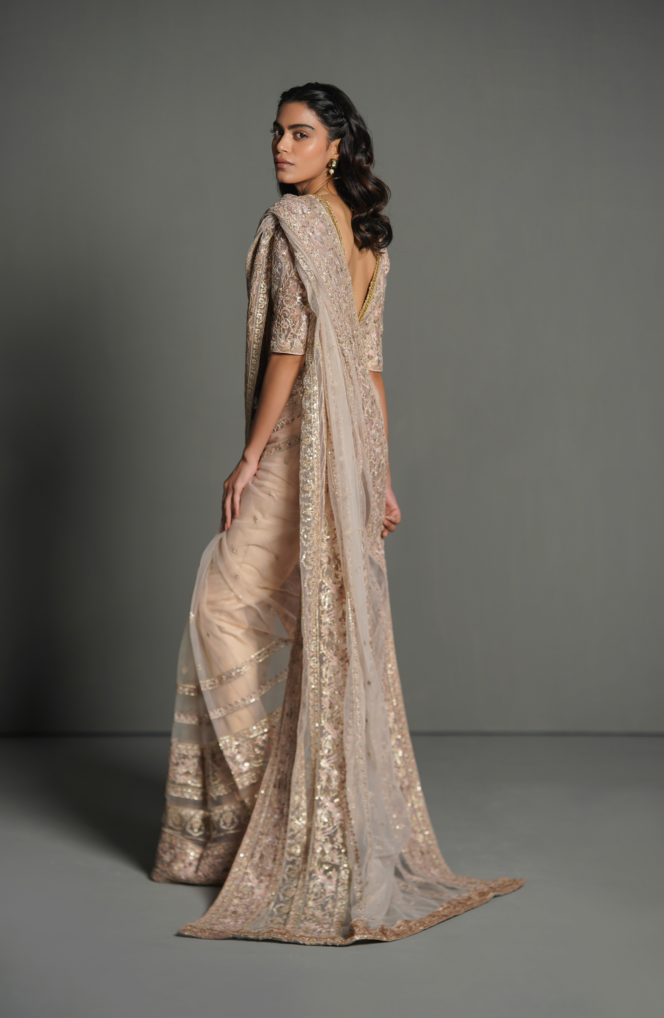 Misty Pink Embroidered Net Pajama Saree (2-Piece) - Image 2