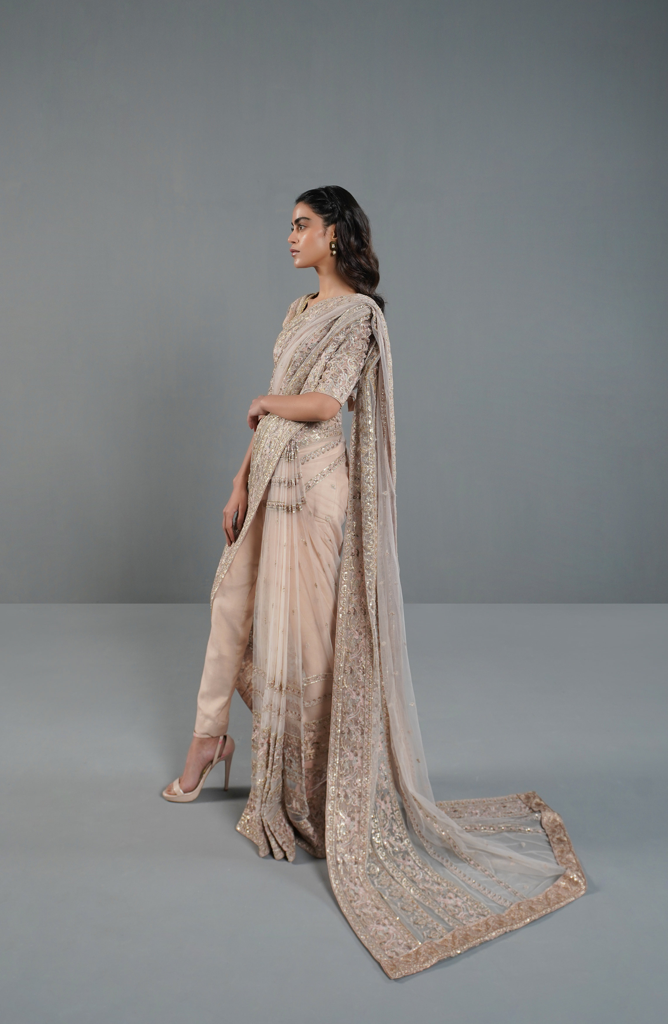 Misty Pink Embroidered Net Pajama Saree (2-Piece) - Image 3
