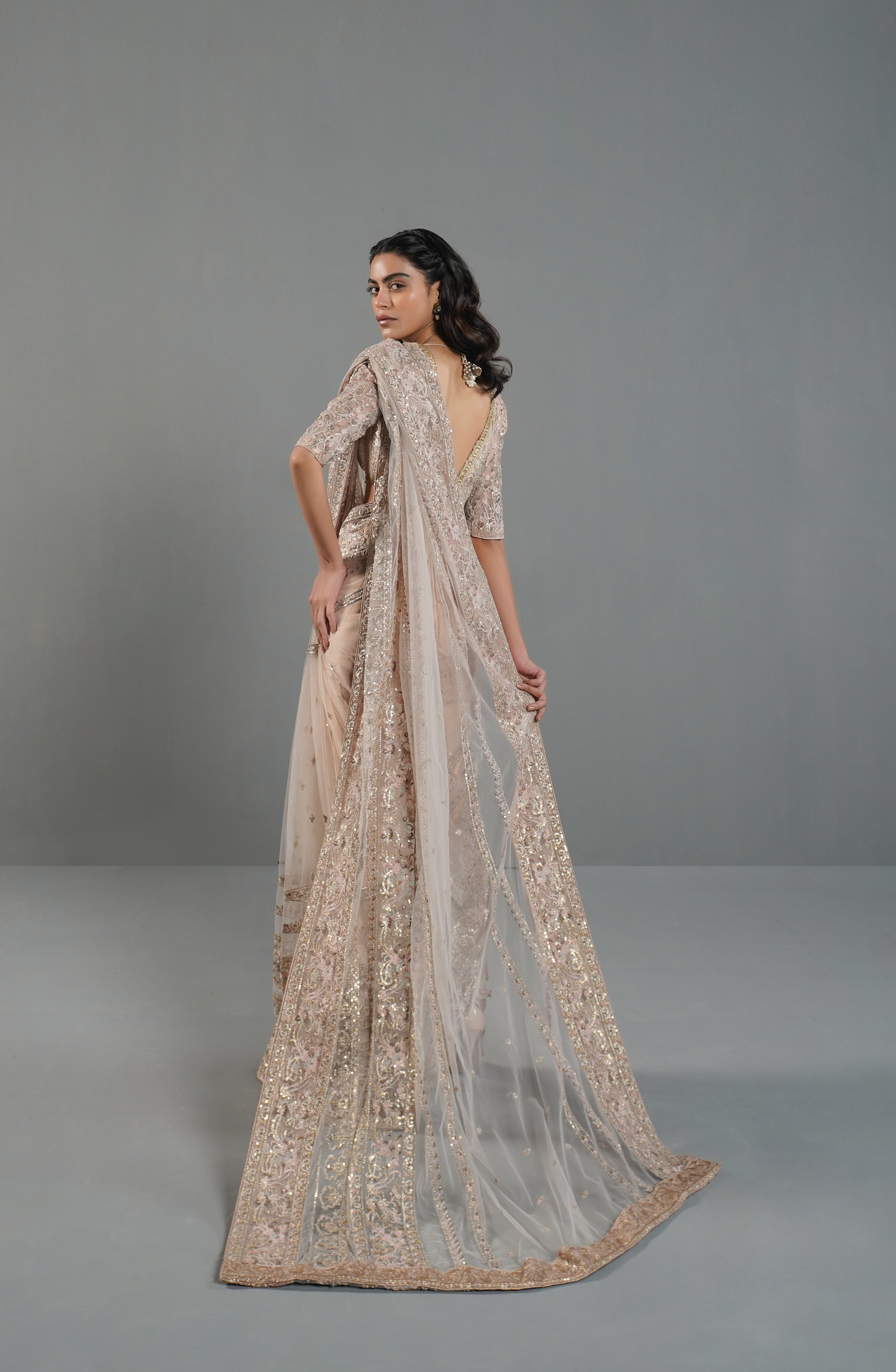 Misty Pink Embroidered Net Pajama Saree (2-Piece) - Image 4