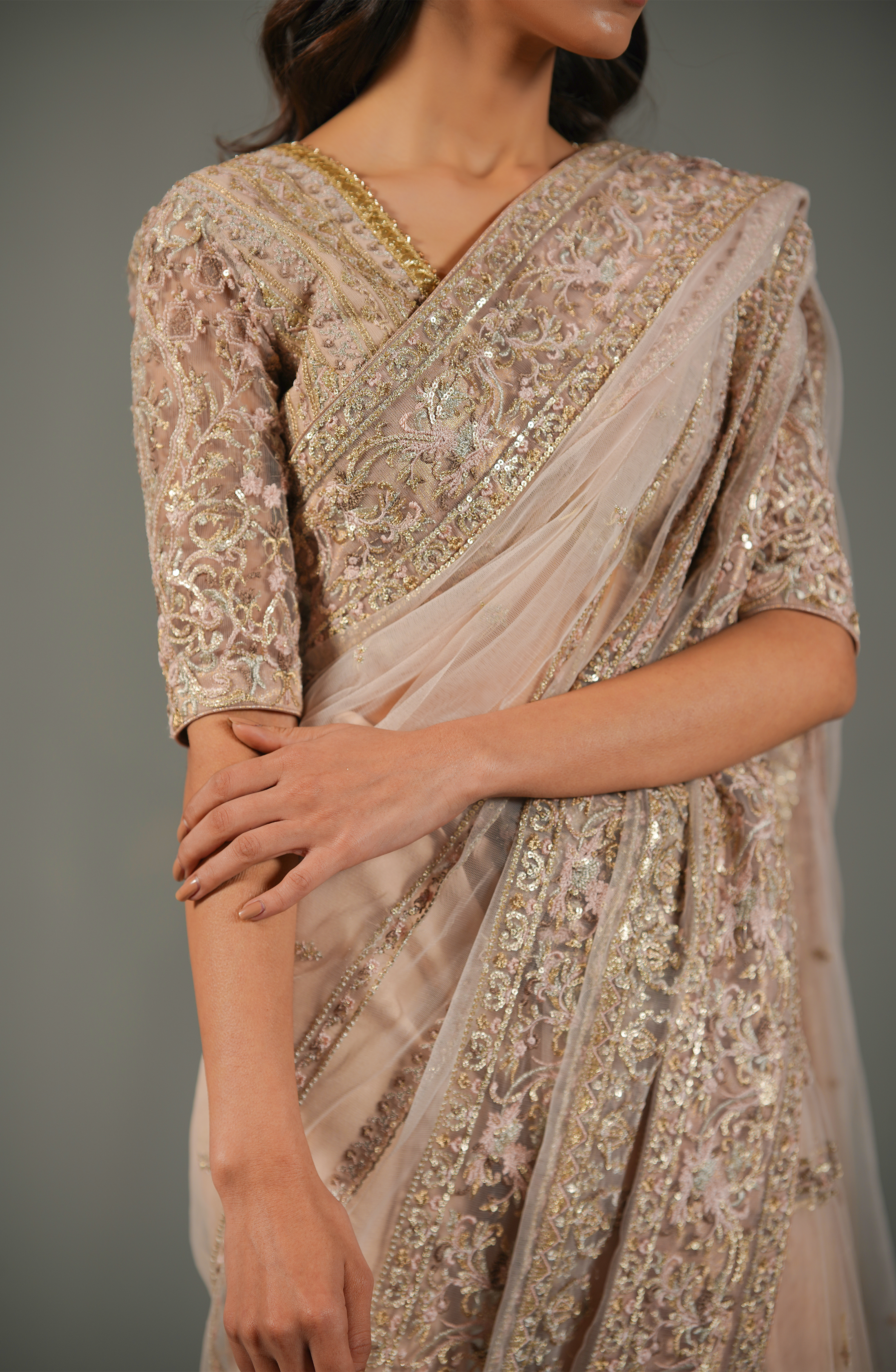 Misty Pink Embroidered Net Pajama Saree (2-Piece) - Image 8