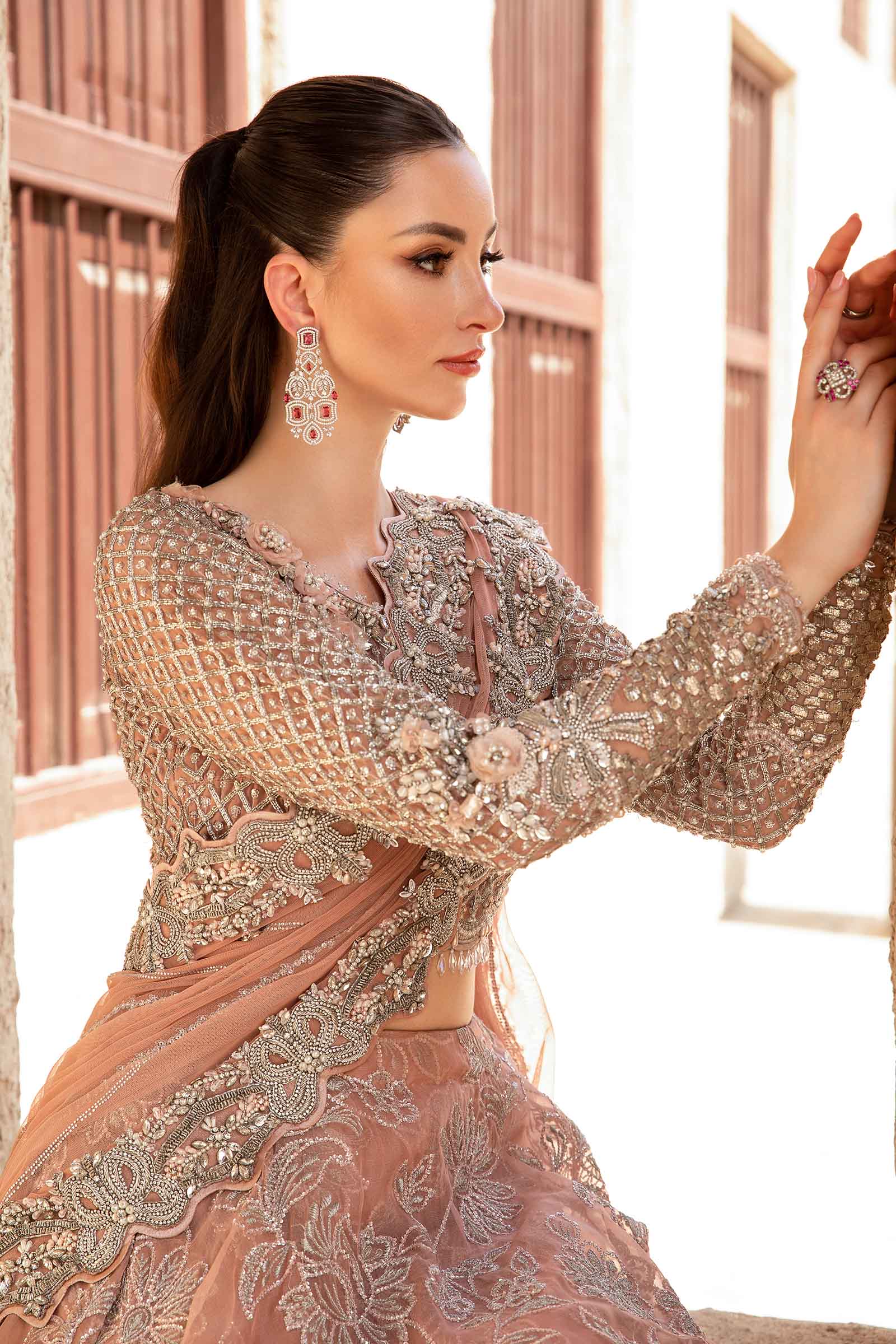 Pakistani Nude Pink Hand-Embellished Net Organza Saree (3-Piece) - Image 3