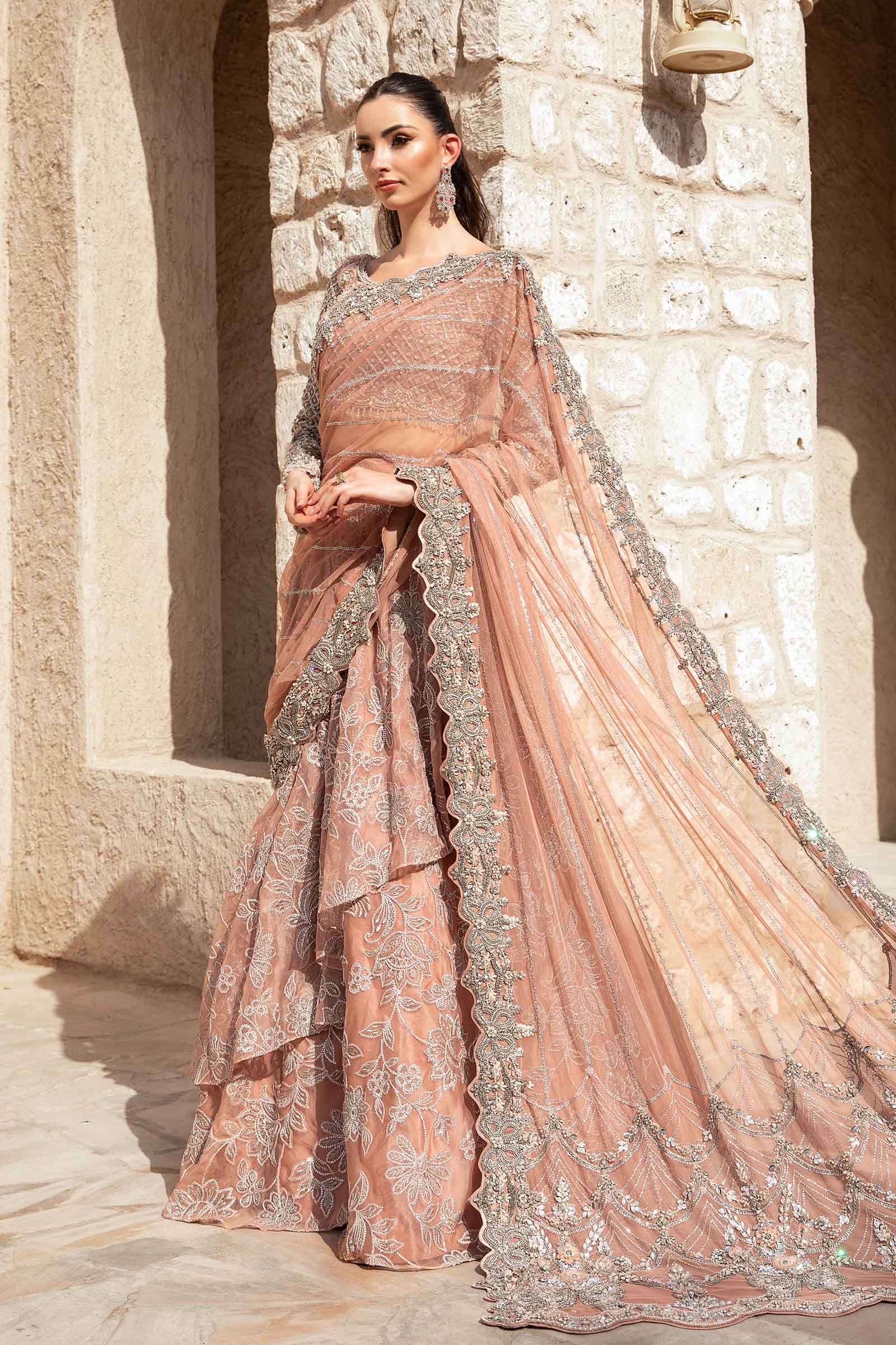 Pakistani Nude Pink Hand-Embellished Net Organza Saree (3-Piece) - Image 5