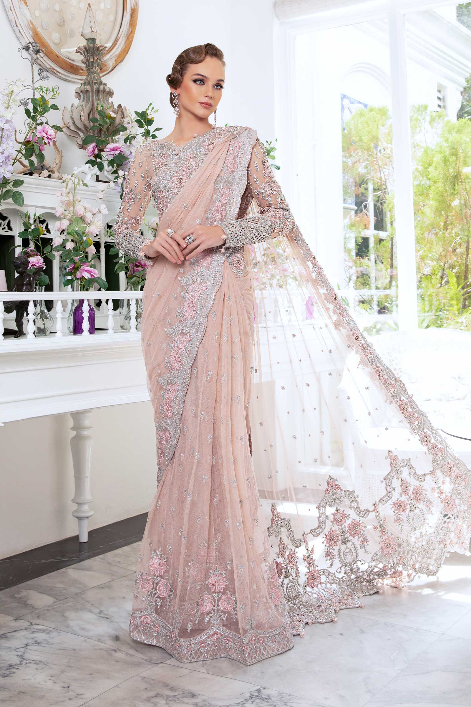 Pakistani Blush Pink Embellished Net Saree (3-Piece) - Image 2